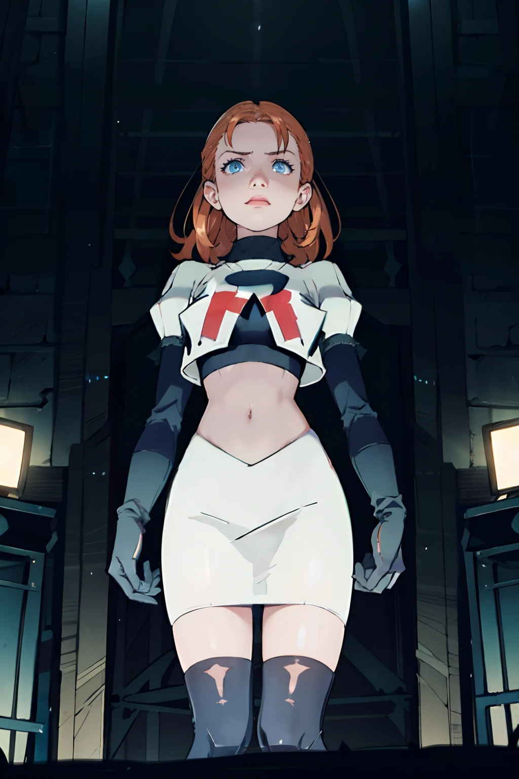 Annette War is wearing the Team Rocket uniform, which consists of a white skirt and a white crop top. She completes her outfit with black thigh-highs and black elbow gloves. The uniform prominently features a red letter R on the chest. Annette War is standing on a stage, looking down at a crowd of people. In her hand, she holds a microphone, which she uses to brainwash the audience with her captivating voice. The scene is illuminated by stage lights, casting a dramatic glow on Annette and the crowd. The artwork should have the best quality and resolution, with vibrant colors and ultra-detailed elements. The overall style of the image should reflect a mix of portraits and concept art, creating a visually stunning piece. The color palette should emphasize the contrasting red and white colors of the Team Rocket uniform, creating an eye-catching composition.