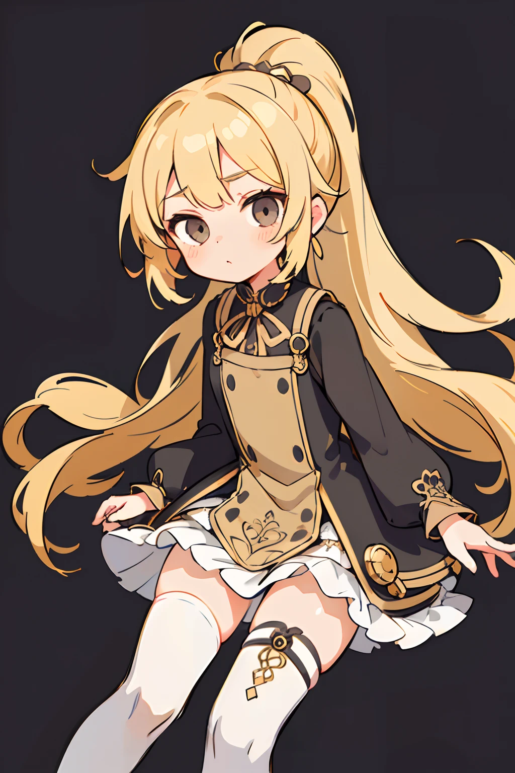 1GIRL, cute girl, finely detailed, (best quality), (intricate details), cute style, loli, steampunk style, clockwork style, multicolored, ((long blonde hair in long ponytail)), best quality, ((short puffy long sleeve dress)), ((black dress)), ((white thigh high socks)), ((round eyes)), beautiful face, cute face, pinup, perfect face, simple background
