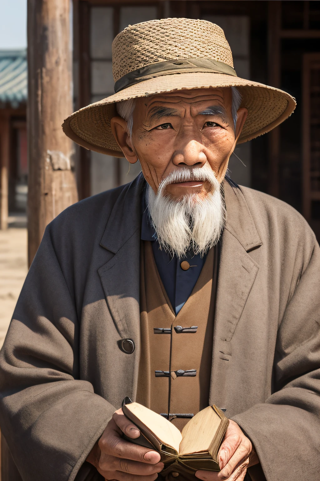 An old man with traditional Chinese thinking,Real frontal photos,Authentic background,The background is nature,holding books,worn-out clothing,Face full of wrinkles,80 years old Chinese medicine practitioner,Wise eyes,The beard is white,male people,country style,Leave the top of your head empty