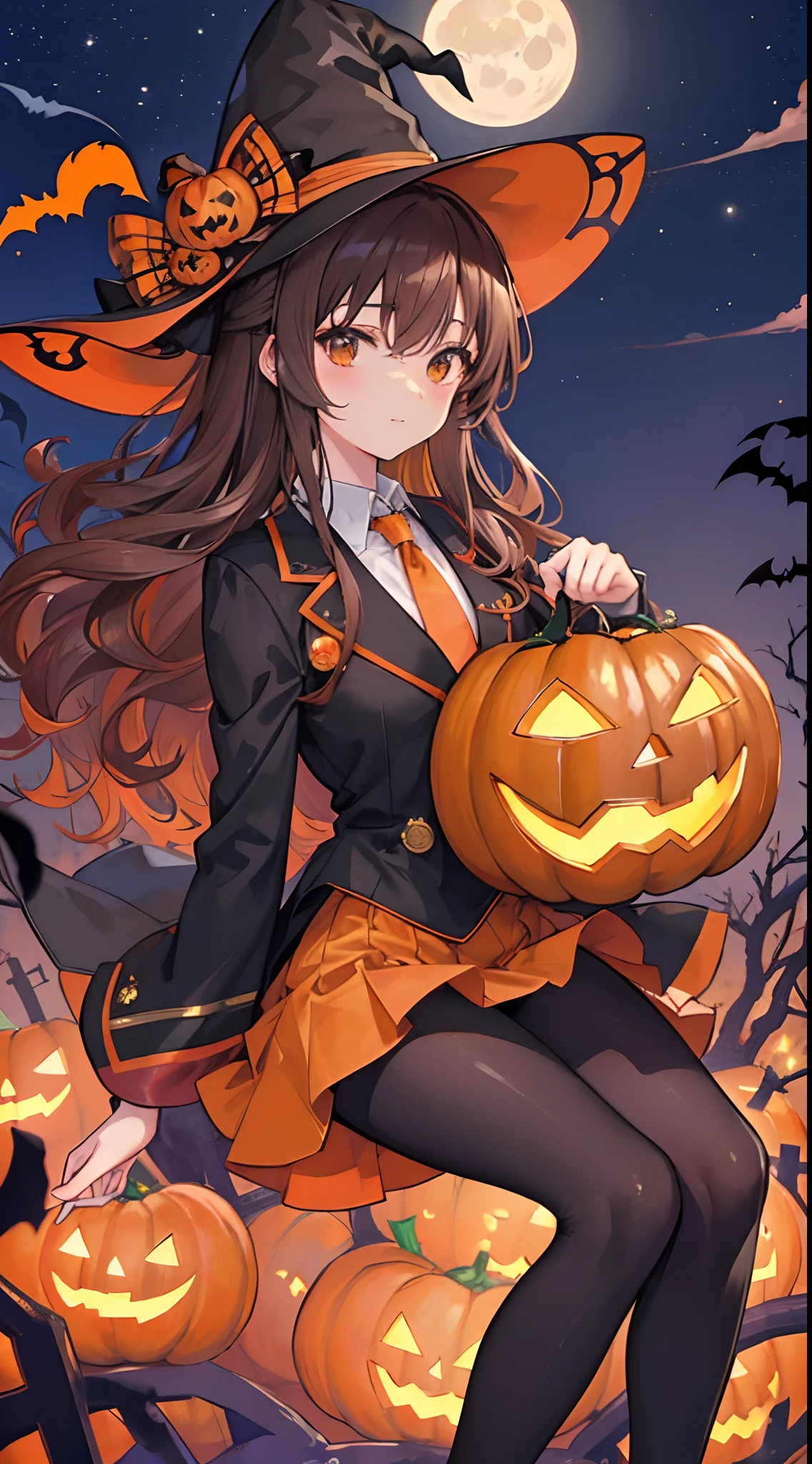 Hi-Res、masterpiece、Chizuru Ichinose、Brown hair、Soio、Female one、outside of house、细致背景、A detailed eye、((Brown-eyed)),Lots of jack-o'-lanterns、
Beautiful and perfect legs, Clean and perfect hands
