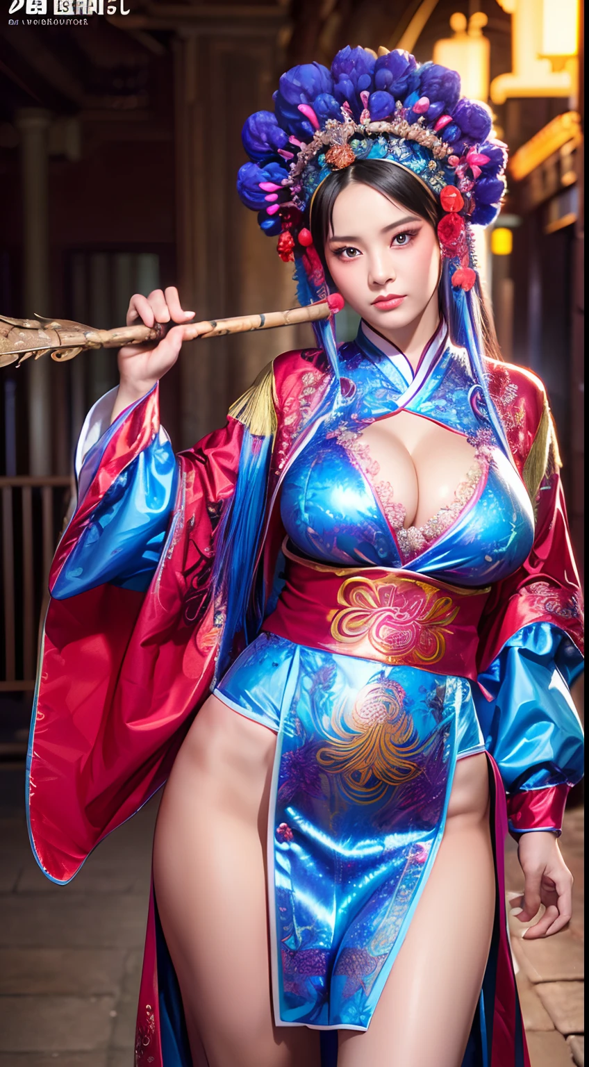 1girl, (Photoreal Stick:1.2), (Beautuful Women,Wearing Peking Opera costumes),Cowboy Shot、beautiful countenance、A detailed face、perfectly proportions、爆乳、big breasts thin waist、nabel、big butts、Crotch gap、Large Thigh、(Zentangle,3d rendered), (highly colorful, Best Quality, Detailed details, masutepiece, offcial art, Movie Light Effects, 4K),