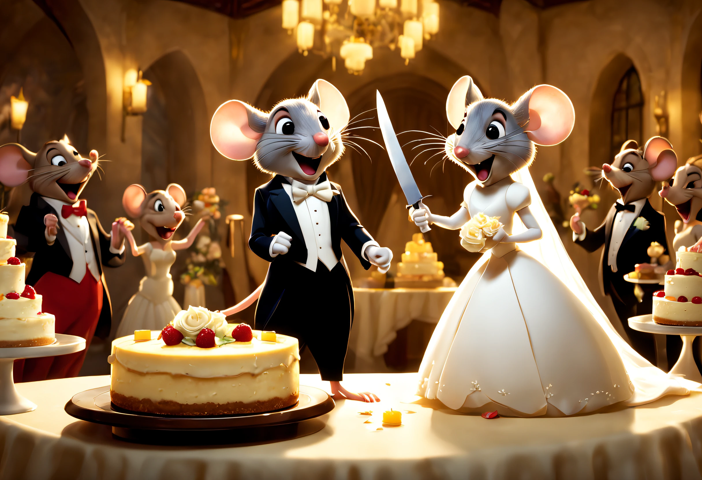 A funny newlywed couple of a mouse and a female mouse dressed in wedding clothes cutting the big wedding cheesecake with a huge knife, the invited mice applaud behind the bride and groom, backlit scene. Image taken from a Disney animated film.