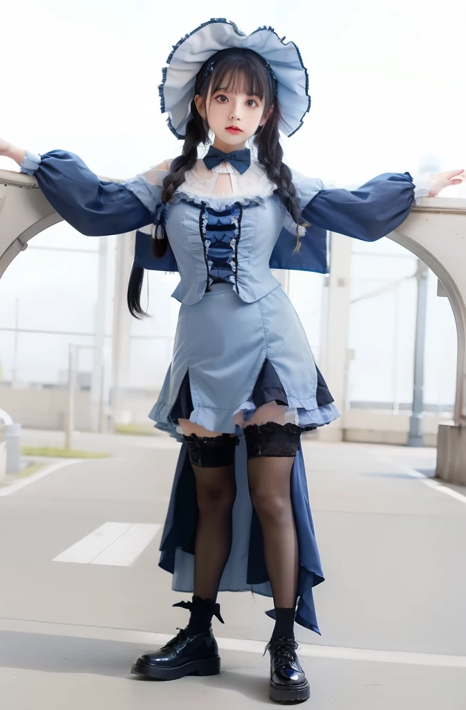 Glossy light blue Gothic Lolita fashion idol、large full breasts、beautiful foot、、Good Style、、、、Tight mini skirt、Frill Knee Socks、bonnet