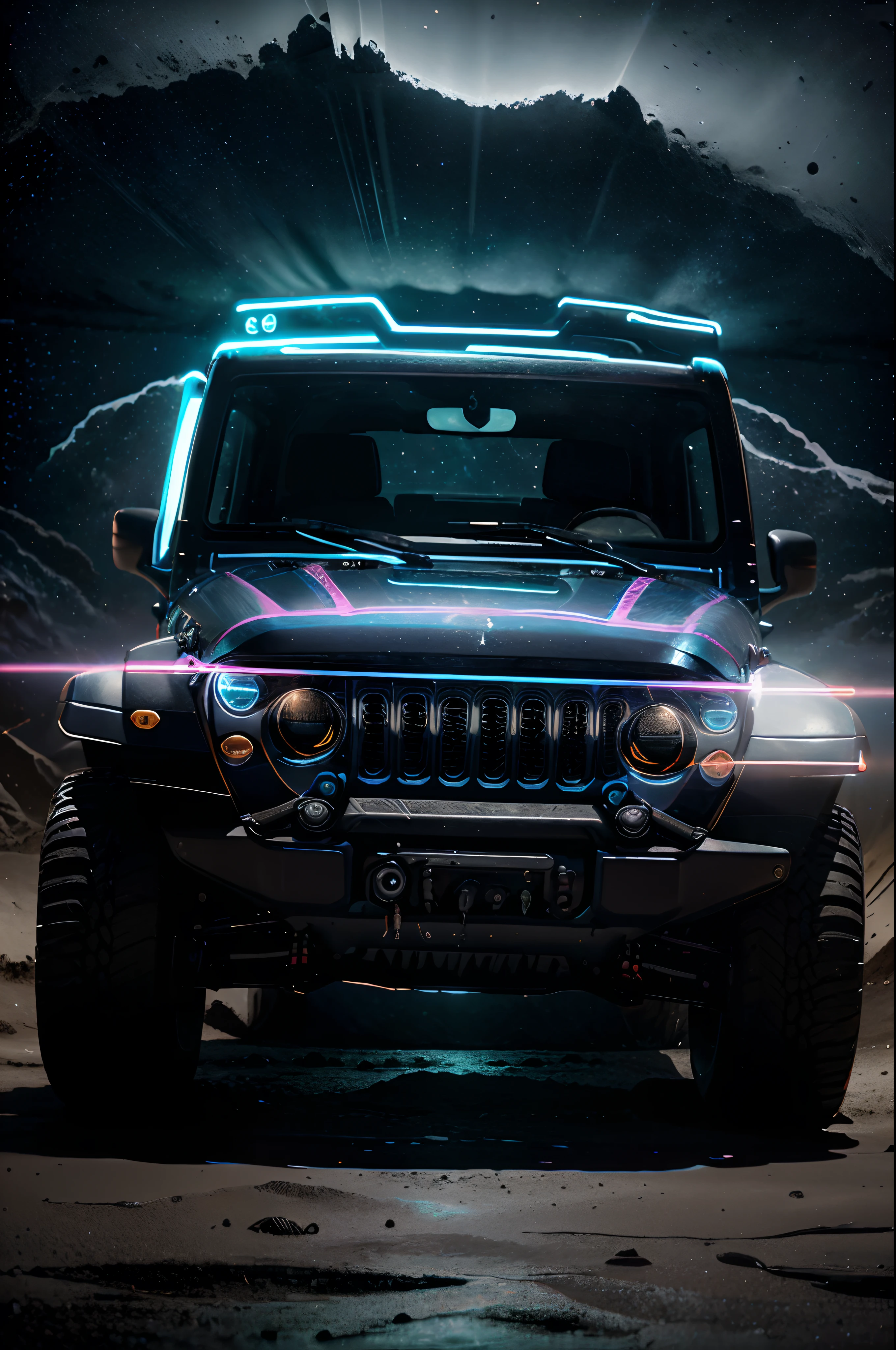 Logo for t-shirt print of Jeep, neon light art, in the dark of night, moonlit seas, clouds, moon, stars, colorful, detailed, 4k masterpiece, professional photography, isometric, vibrant, ultra realistic details masterpiece in a pure flat white background