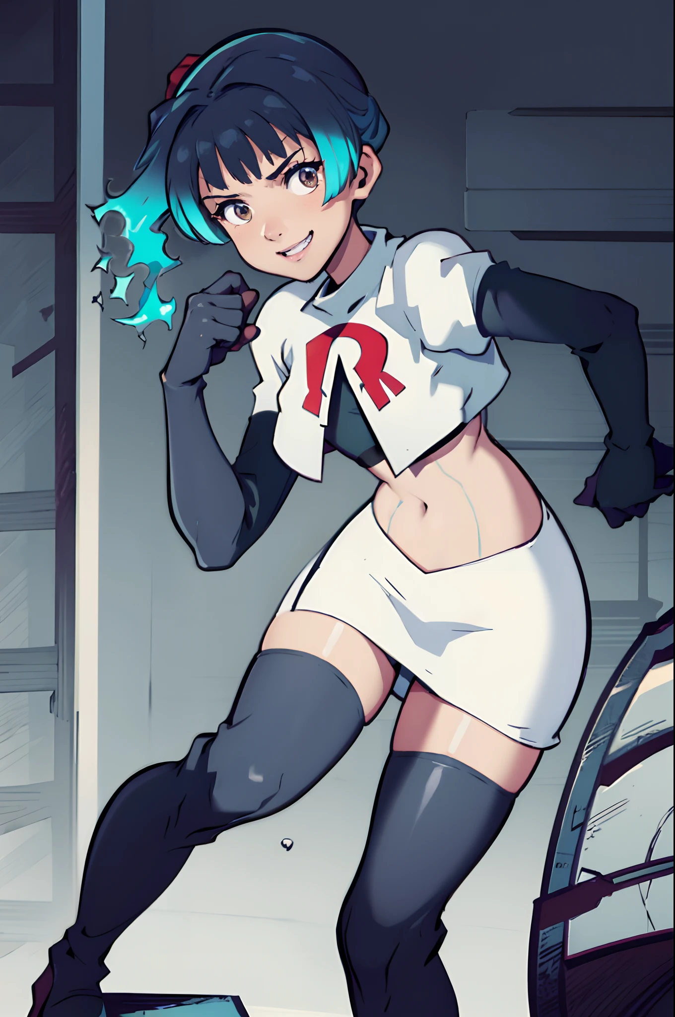 face of sena \(xenoblade\), 1girl,team rocket,team rocket uniform, red letter R, white skirt,white crop top,black thigh-highs,black elbow gloves,evil smile