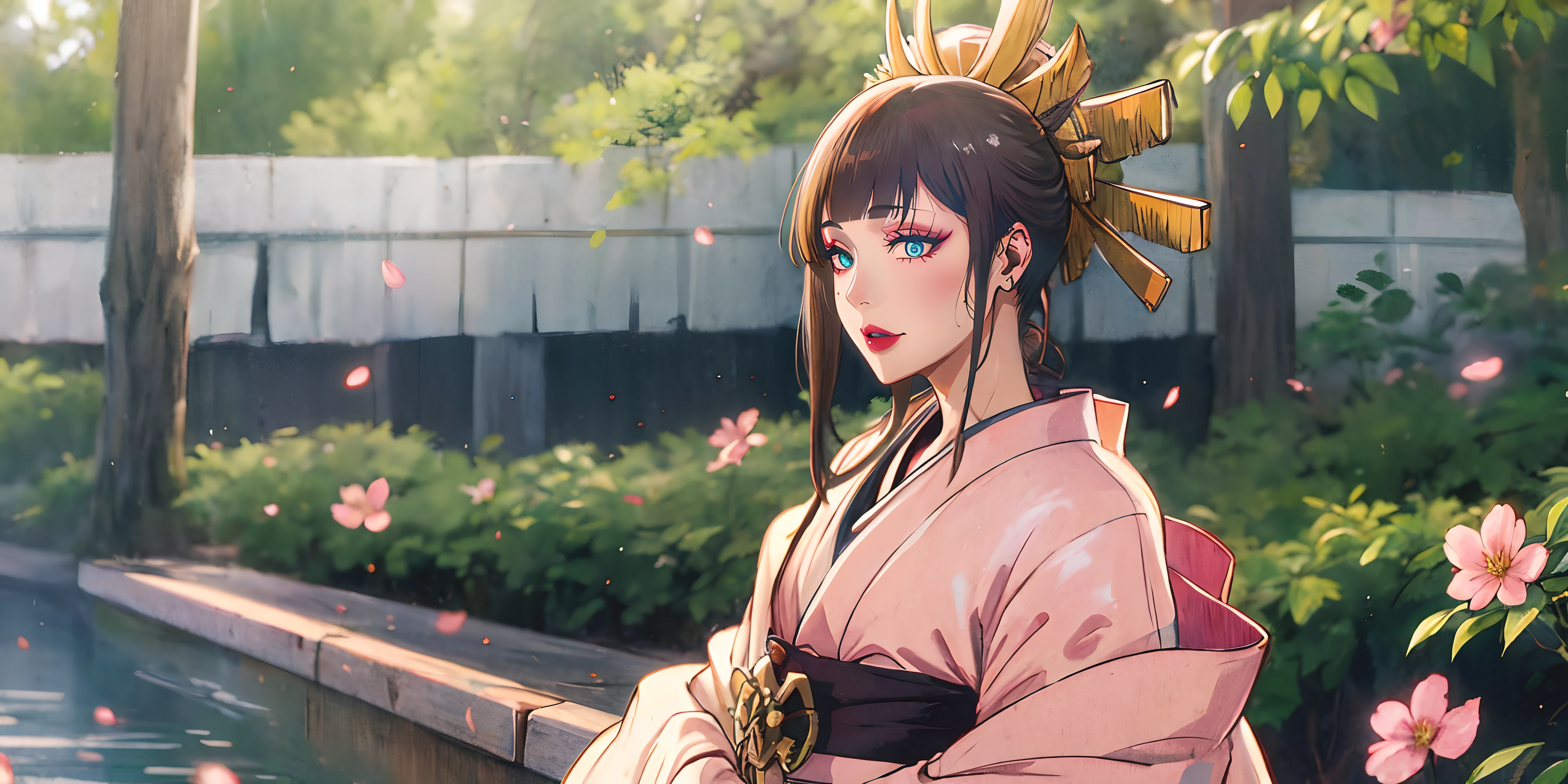 senjumaru shutara, (long hair, bangs, blunt bangs, black hair, sidelocks:1.5), (black eyes:1.5), makeup, lipstick, red lipstick, breasts, epic art, fantasy, 1girl, flower, japanese_clothes, kimono, solo, pink_flower, sash, day, obi, tree, outdoors, long_sleeves, breasts,  upper_body, parted_lips, wide_sleeves, looking_at_viewer, glow effects, godrays, Hand drawn, render, 8k, octane render, cinema 4d, blender, dark, atmospheric 4k ultra detailed, cinematic, Sharp focus, big depth of field, Masterpiece, colors, 3d octane render, 4k, concept art, trending on artstation, hyperrealistic, Vivid colors, extremely detailed CG unity 8k wallpaper, trending on CGSociety, Intricate, High Detail, dramatic, anime coloring, anime screencap, steaming body, fog, heavy breathing, nsfw art,