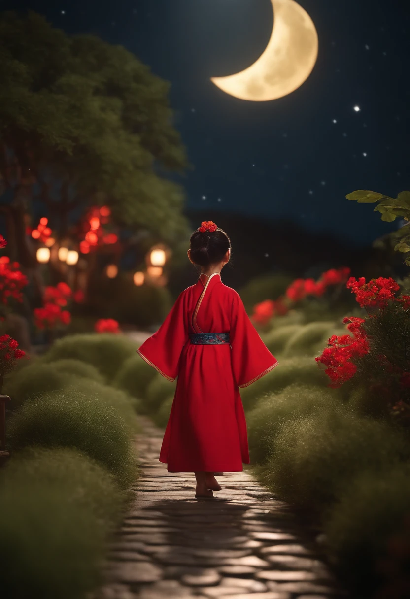 Super cute little anthropomorphic,Wearing a red Chinese Hanfu in Pixar style, she's a princess,she is walking,Ela olhou em volta,apreciando a paisagem,She loves the mid-autumn festival celebrations,The background is a starry sky and a full moon, Olhos grandes encantadores,cauda bonito,super realistic,Super Detalhe,luxuoso,elegante,gorgeous,illusory engine,rendering by octane, 8k,Raio V,super realistic