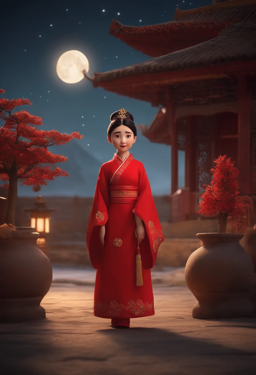 Super cute little anthropomorphic，Wearing a red Chinese Hanfu in Pixar style, she's a princess，she is walking，Ela olhou em volta，apreciando a paisagem，She loves the mid-autumn festival celebrations，The background is a starry sky and a full moon， Olhos grandes encantadores,cauda bonito,super realistic,Super Detalhe,luxuoso,elegante,gorgeous,illusory engine,rendering by octane, 8k,Raio V，super realistic