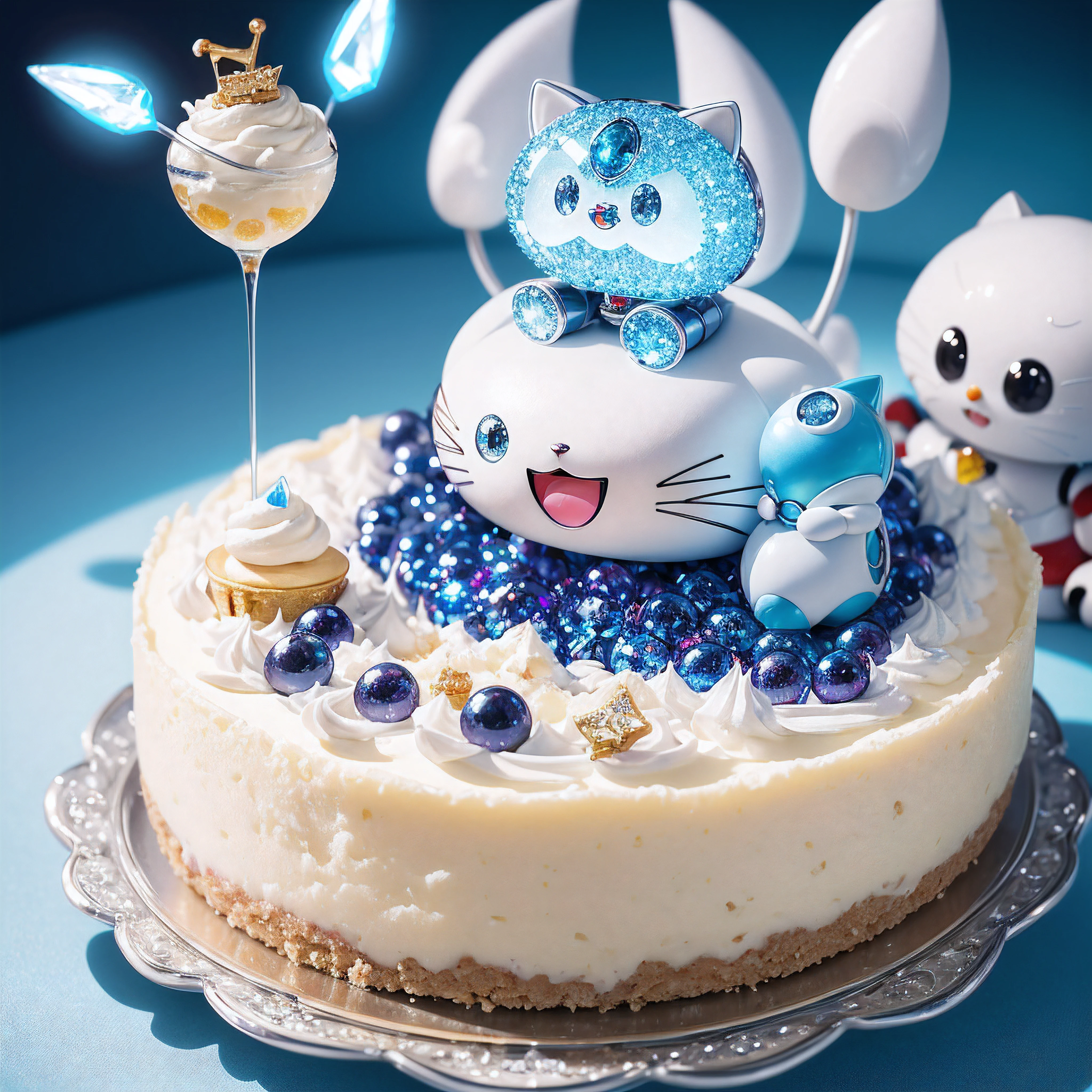 best quality,ultra-detailed,realistic,photorealistic:1.37,delicious,tempting cheesecake,diamond-studded,sparkling Doraemon,playful robot cat,whimsical scene,crumbs of an indulgent dessert,irresistible sweetness,glittering gemstones,glimmering eyes,colorful robotic features,magical pocket,blue and white color palette,bright and vibrant lighting