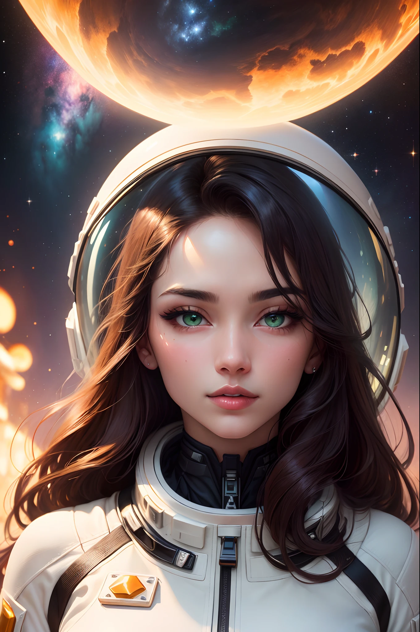 Oil Painting，Beautuful Women，23 years old，（A man drifts in space），Tachibana crimson long hair，（Space helmet burst），Green eyes，（（full body Esbian）），（（Wearing a white spacesuit）），edge light，Space Nebulae，（Long-haired fainting：1.5），best qualtiy，tmasterpiece，超A high resolution），（realisticlying：1.4），slim，（shiny skins），（beautiful countenance：1.1），A detailed eye，luscious lips，depth of fields、Bokeh，Authors（James S.. C. Christensen：1.2|Jeremy Lipking：1.1）