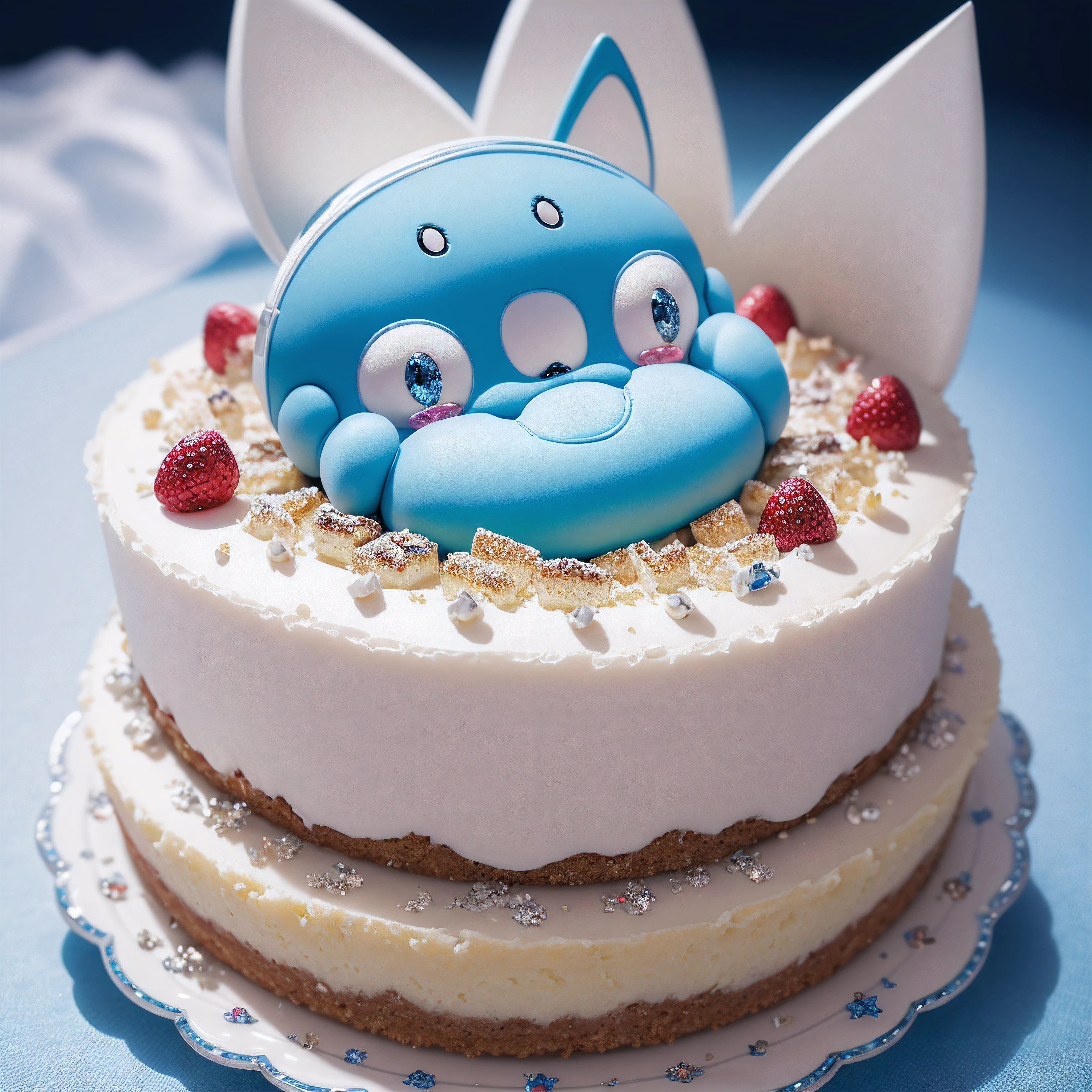 best quality,ultra-detailed,realistic,photorealistic:1.37,delicious,tempting cheesecake,diamond-studded,sparkling Doraemon,playful robot cat,whimsical scene,crumbs of an indulgent dessert,irresistible sweetness,glittering gemstones,glimmering eyes,colorful robotic features,magical pocket,blue and white color palette,bright and vibrant lighting