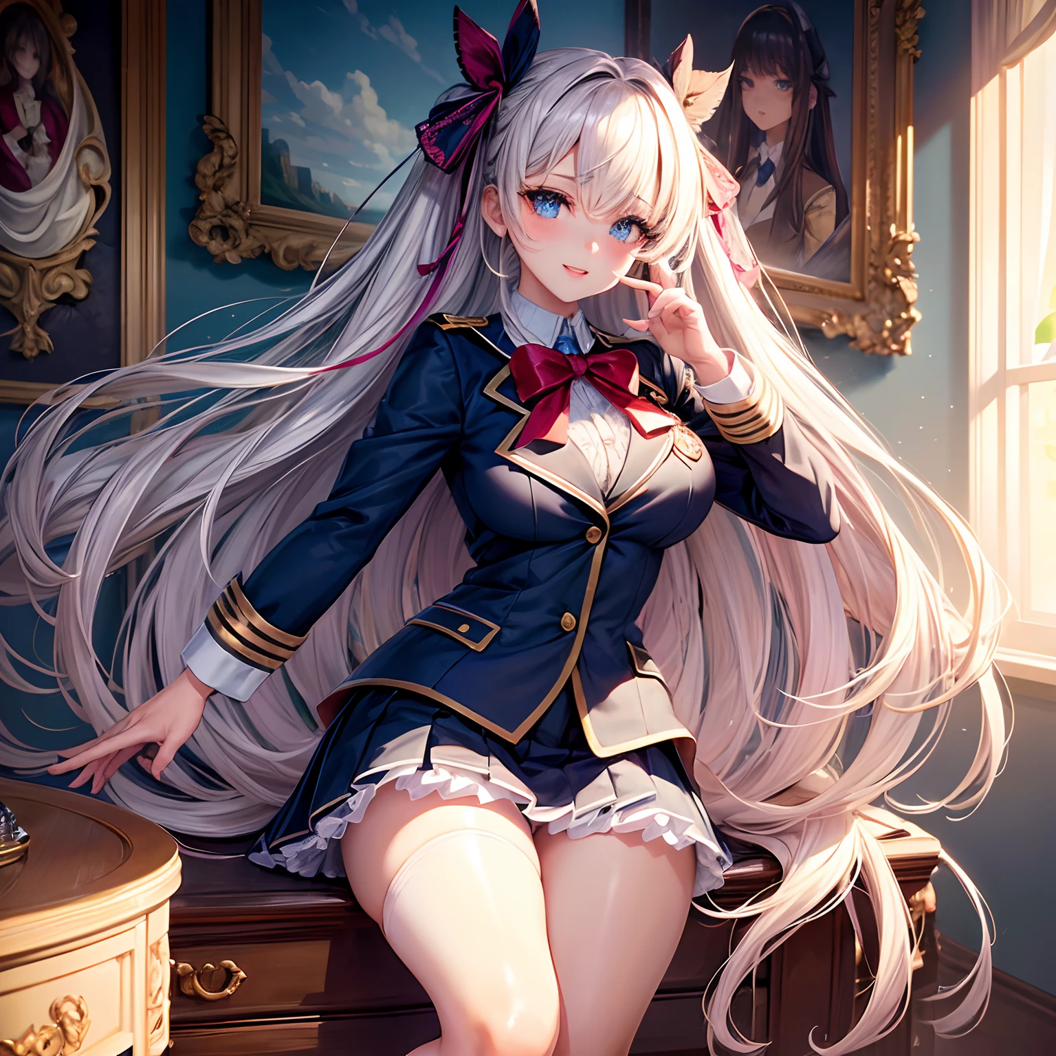 (beautiful detailed eyes,beautiful detailed lips,extremely detailed eyes and face,longeyelashes,cute girl with ribbon uniform,cute uniform,blazer,laughs loudly,attractive girl,best quality,busty,masterpiece:1.2,stunning figure,erotically cute,ultra-high resolution,gorgeous girl,lovely girl,multi-colored hair,relaxed socks,high resolution,gorgeous eyes,perfect beauty)