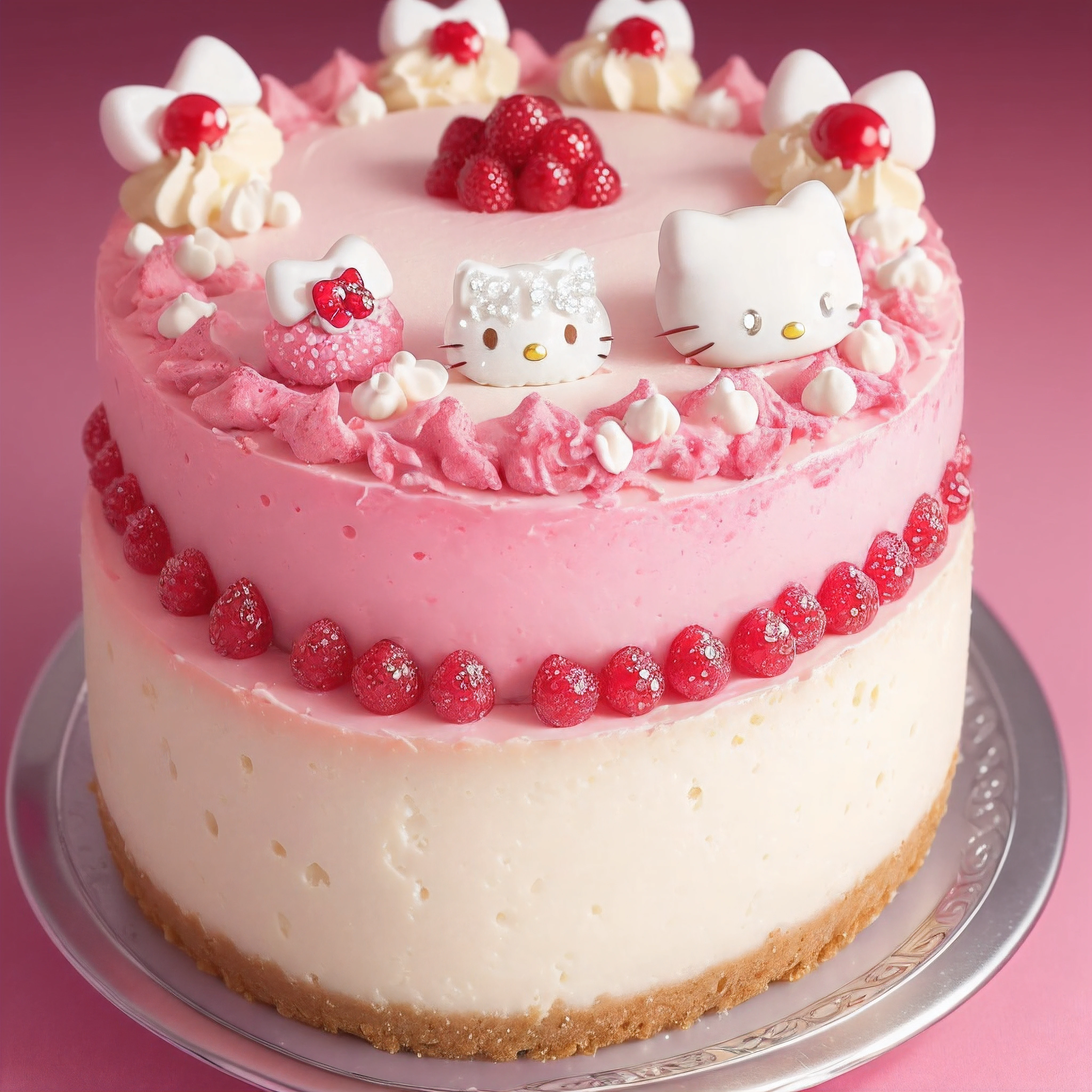 (a delicious, mouth-watering cheesecake), (sparkling, dazzling diamond), (playful Hello Kitty motif), (fluffy, creamy texture), (rich, vibrant colors), (professional food photography), (artistic dessert presentation), (soft, natural lighting), (close-up shot of the cake), (Hello Kitty face in edible form)