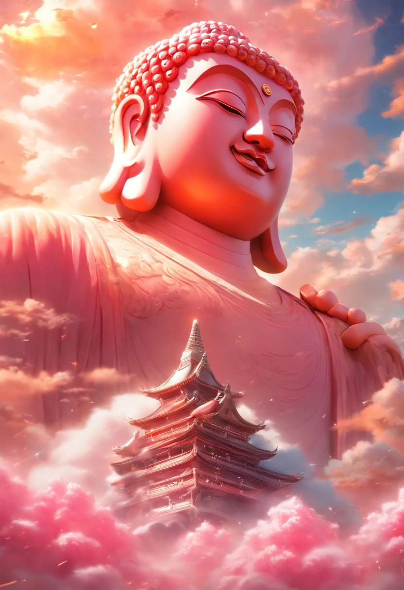 ((masutepiece))，(Best Quality))，china style，In the sky, The clouds form a huge transparent shiny white jade Maitreya Buddha statue，Thick clouds，and the sun was shining brightly，Pilgrims on the road，Hyper-realistic，Ultra photo realsisim，Pink，8K，High Definition，high quarity，Works of masters，super-fine，（（（OC Renderer）））