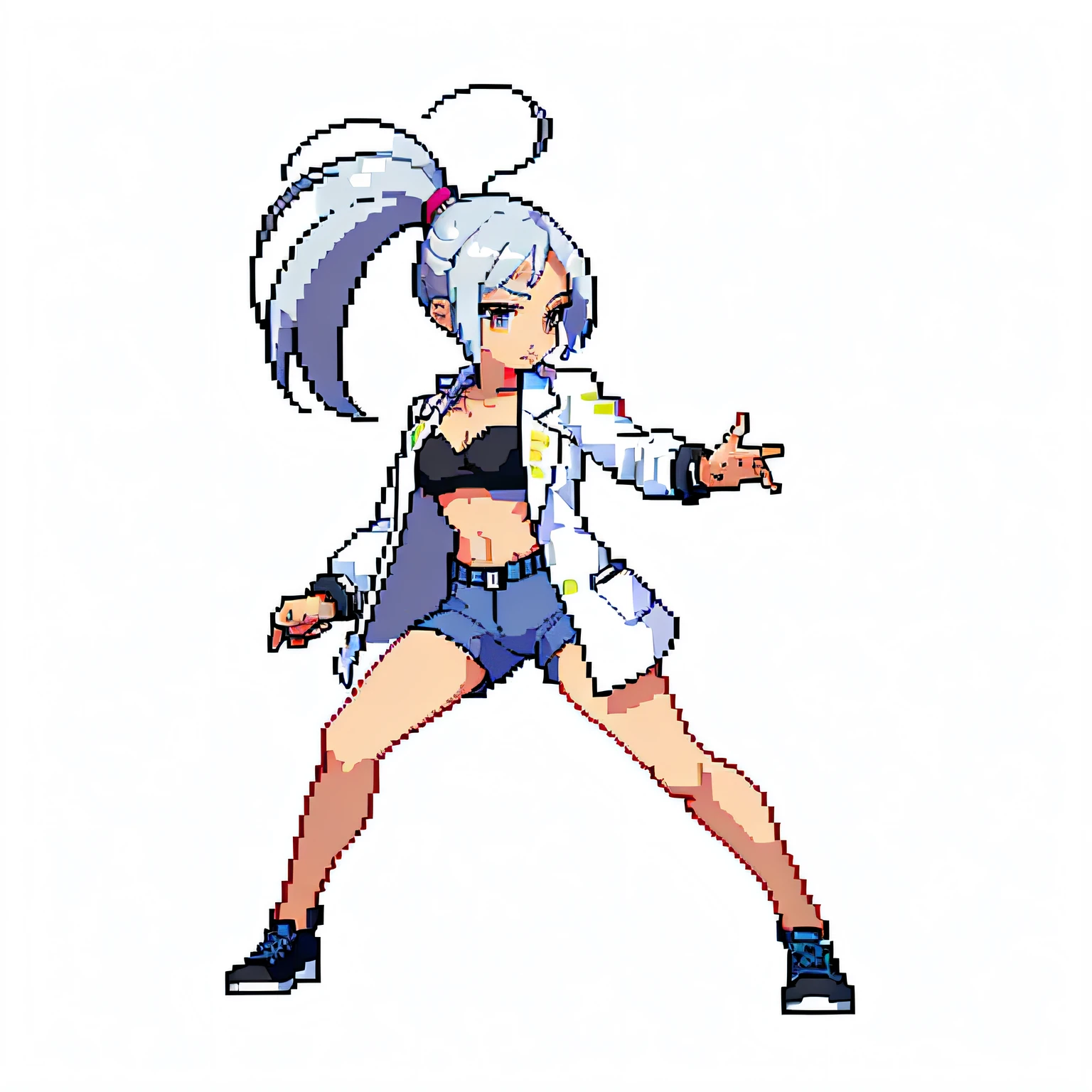 (masterpiece, top quality, best quality, less detail, 8-bit color), pixel,pixel art,1girl, lab coat,full body, attack pose, US style, poor jacket, game asset, silver hair, bra on top, short pant