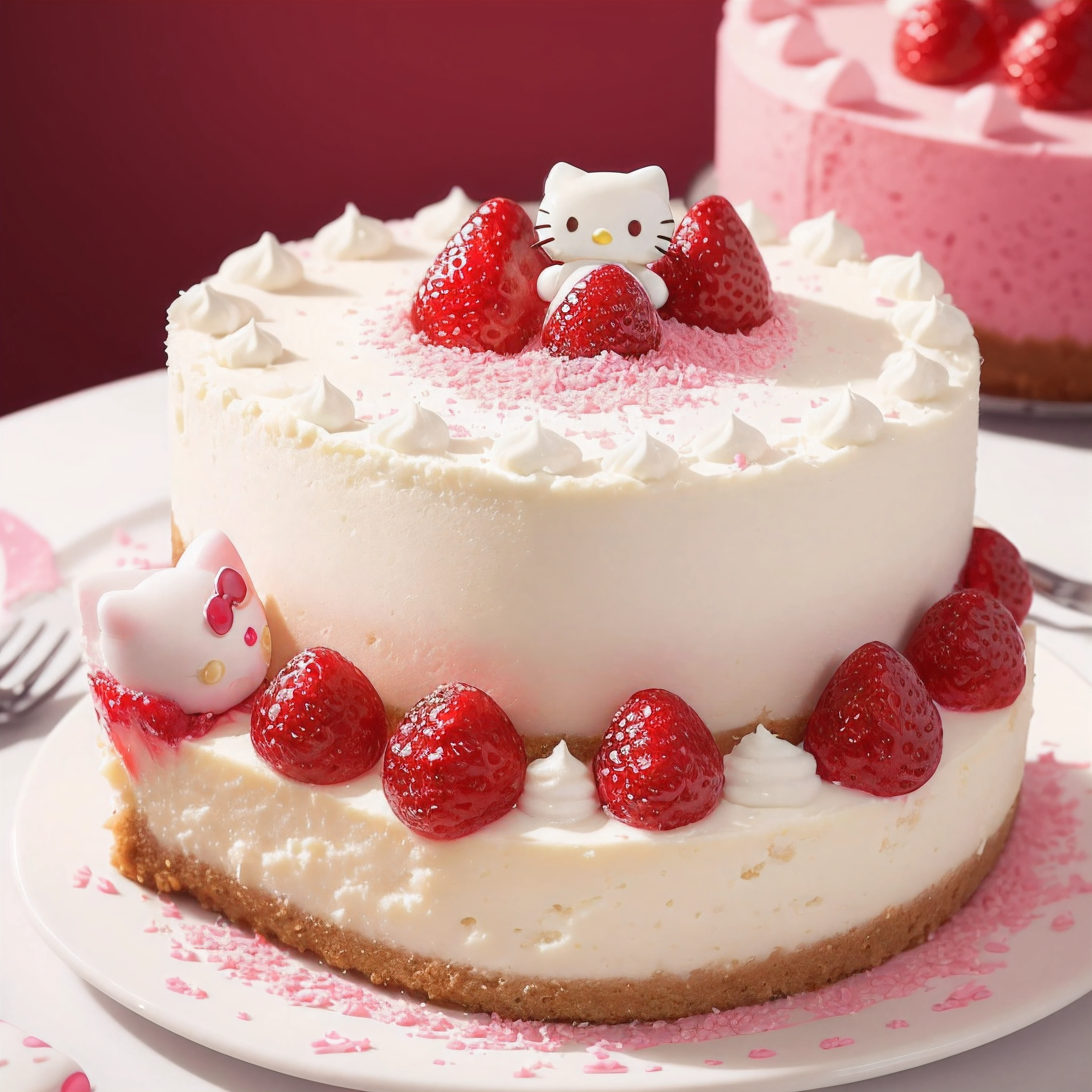 (a delicious, mouth-watering cheesecake), (sparkling, dazzling diamond), (playful Hello Kitty motif), (fluffy, creamy texture), (rich, vibrant colors), (professional food photography), (artistic dessert presentation), (soft, natural lighting), (close-up shot of the cake), (Hello Kitty face in edible form)