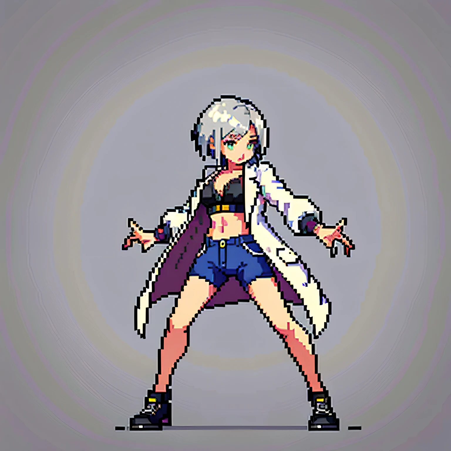 (masterpiece, top quality, best quality, less detail, 8-bit color), pixel,pixel art,1girl, lab coat,full body, attack pose, US style, poor jacket, game asset, silver hair, bra on top, short pant