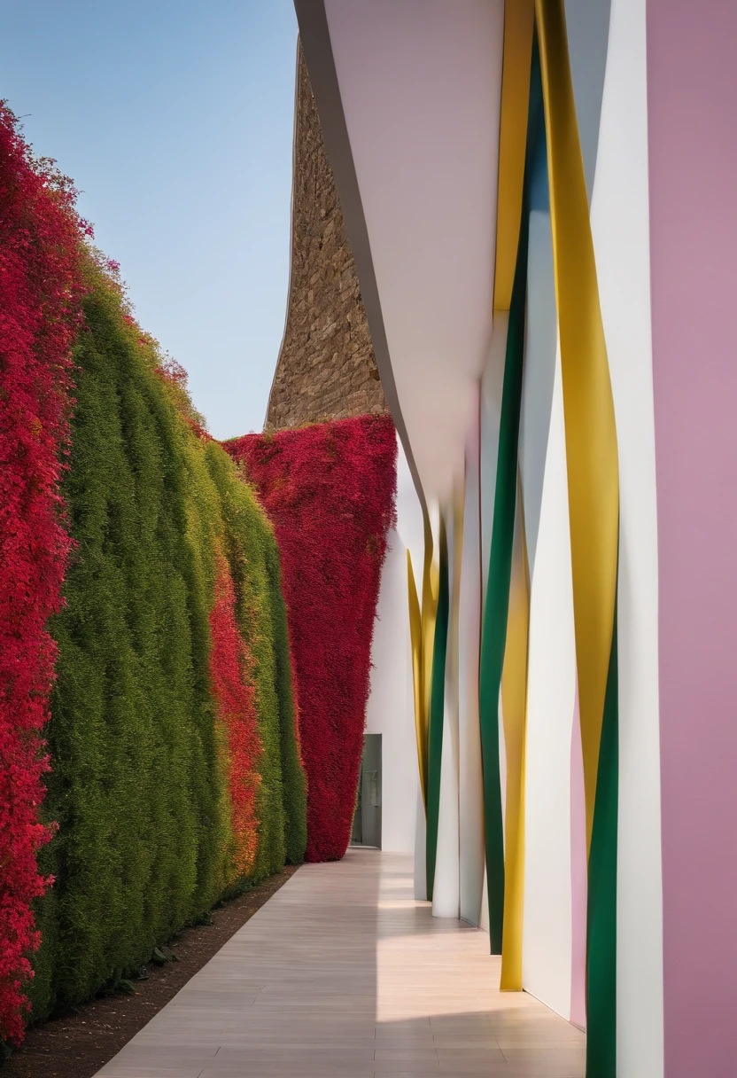 A wide trapezoidal wall，The red color was planted last year，green color，amarelo，Purple plants，These plants divide the wall into colorful ribbons