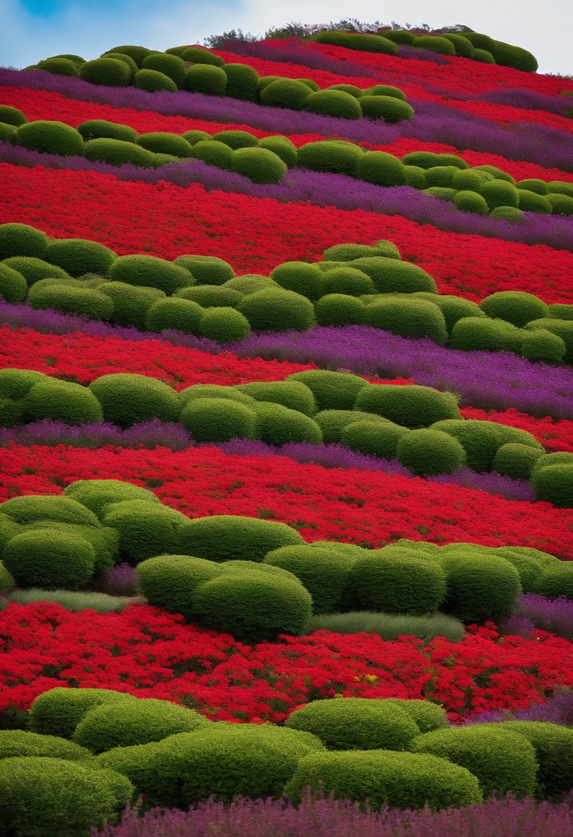 A wide trapezoidal wall,The red color was planted last year,green color,amarelo,Purple plants,These plants divide the wall into colorful ribbons