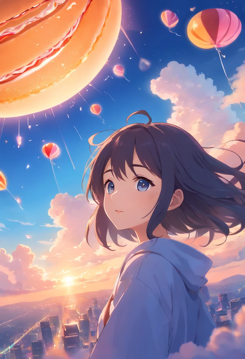 masterpiece、top-quality、Movie stills、1girl、Cloud Girl、floating in sky、a closeup、发光、happiness、Warm soft lighting、the setting sun、(Spark:0.7)kawaii,cute,anime, sweat party,Halloween party, lots of candy,macaroon,heart