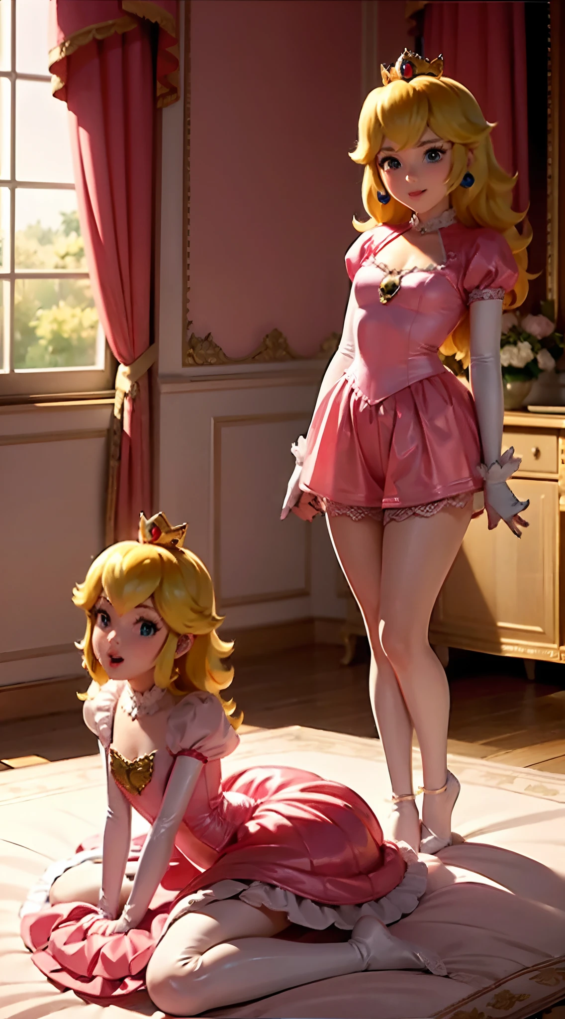Generate a charming image of Princess Peach in her brightly lit bedroom, with its bed adorned with a lace canopy in the background. Elle porte sa robe habituelle, mais ici, It transforms into elegant, latex noir.
Pay attention to the play of light in the room and the ethereal quality of the lace canopy, creating a warm and inviting atmosphere. Emphasize Peach's character and iconic hairstyle, Traits, and the expression.
The resulting image should vividly depict Princess Peach in this charming bedroom scene, avec sa robe en latex, illuminated by the soft glow of the room. Use intricate details and bright colors to bring out its timeless elegance and charm."
