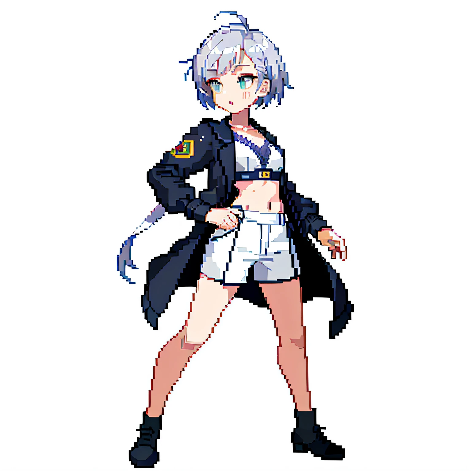 (masterpiece, top quality, best quality, less detail, 8-bit color), pixel,pixel art,1girl, lab coat,full body, attack pose, US style, poor jacket, game asset, silver hair, bra on top, short pant