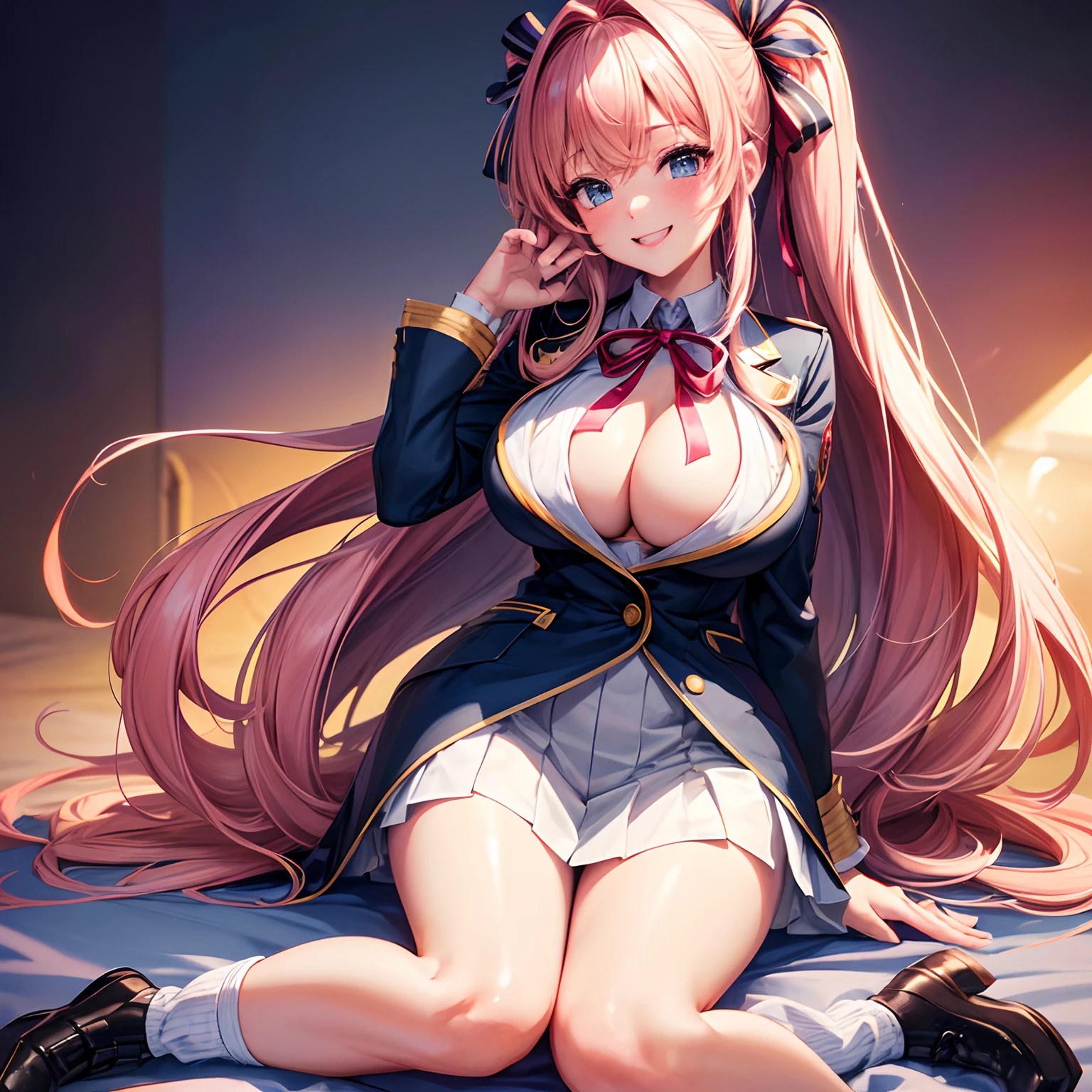 (best quality,8k,ultra-high-resolution:1.2),beautiful girl,detailed uniform with a ribbon,cute blazer,adorable smiling face,giggling girl,long hair,anime girl,masterpiece,stylish,erotic-cute,multiple colored hair,huge breasts,flawless beauty,lovely girl,loose socks,perfect beautiful girl,HD quality,8K