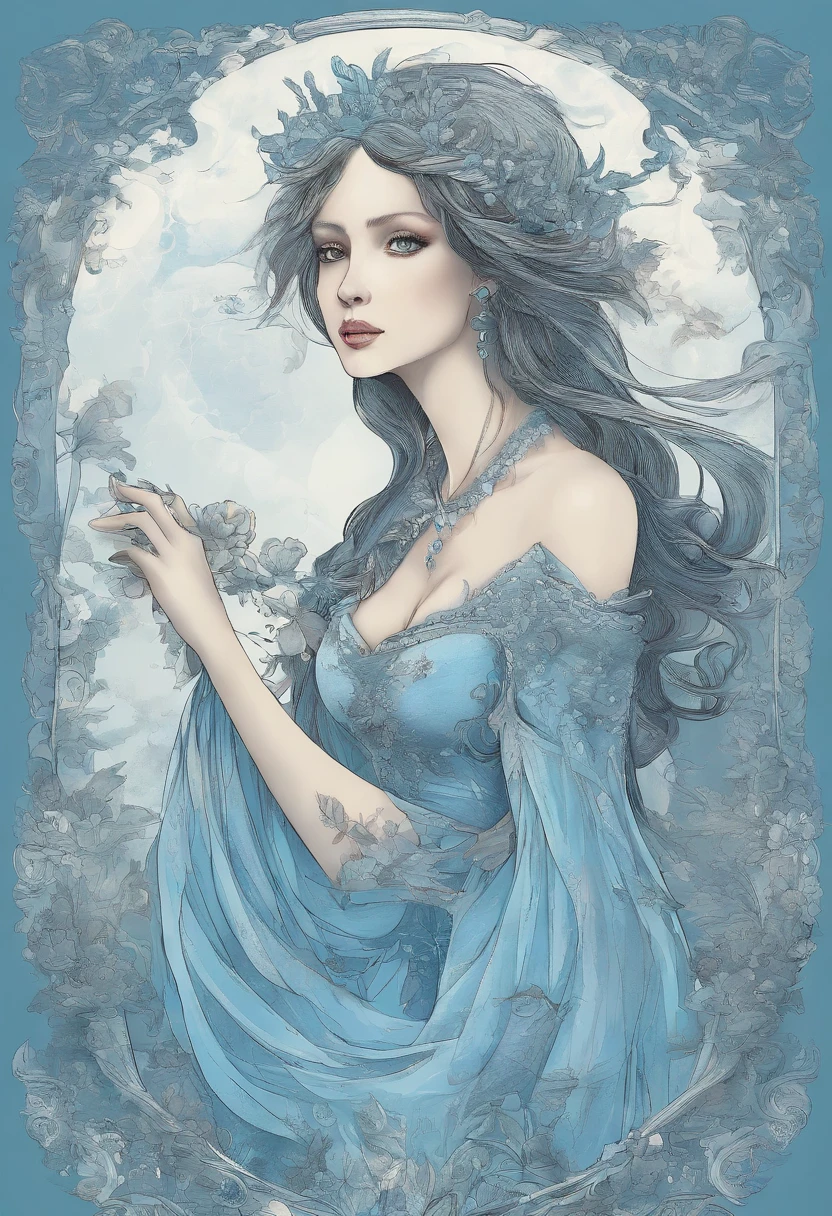 A painting of a woman in a blue dress holding a flower - SeaArt AI