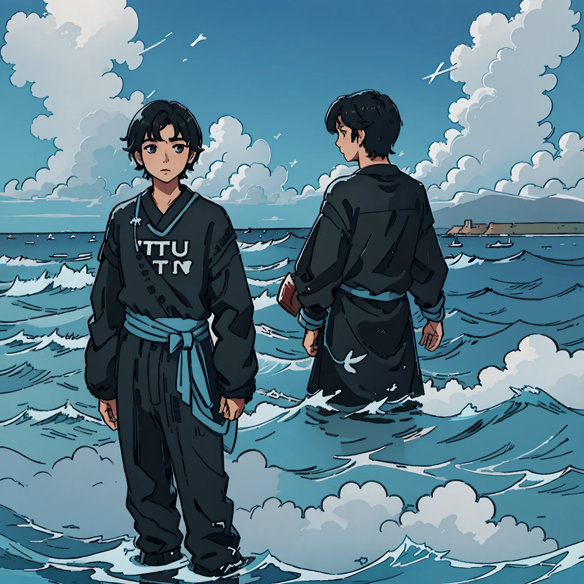 One is left black for three or seven points,Young man standing in front of the blue sky and sea, mtu,(bangs:0.575), (Black eyes:0.572), (Black hair:0.709), (Blue sky:0.985), (Closed mouth:0.536), (Cloud:0.927), (day:0.980), (horizon:0.816), (Japanese clothes:0.511), (Lips:0.764),(view the viewer:0.811), (nase:0.534), (Ocean:0.950), (Outdoors:0.734), (Realistic:0.814), (sky:0.988), (Solo:0.937), (Upper body:0.557), (water:0.600)