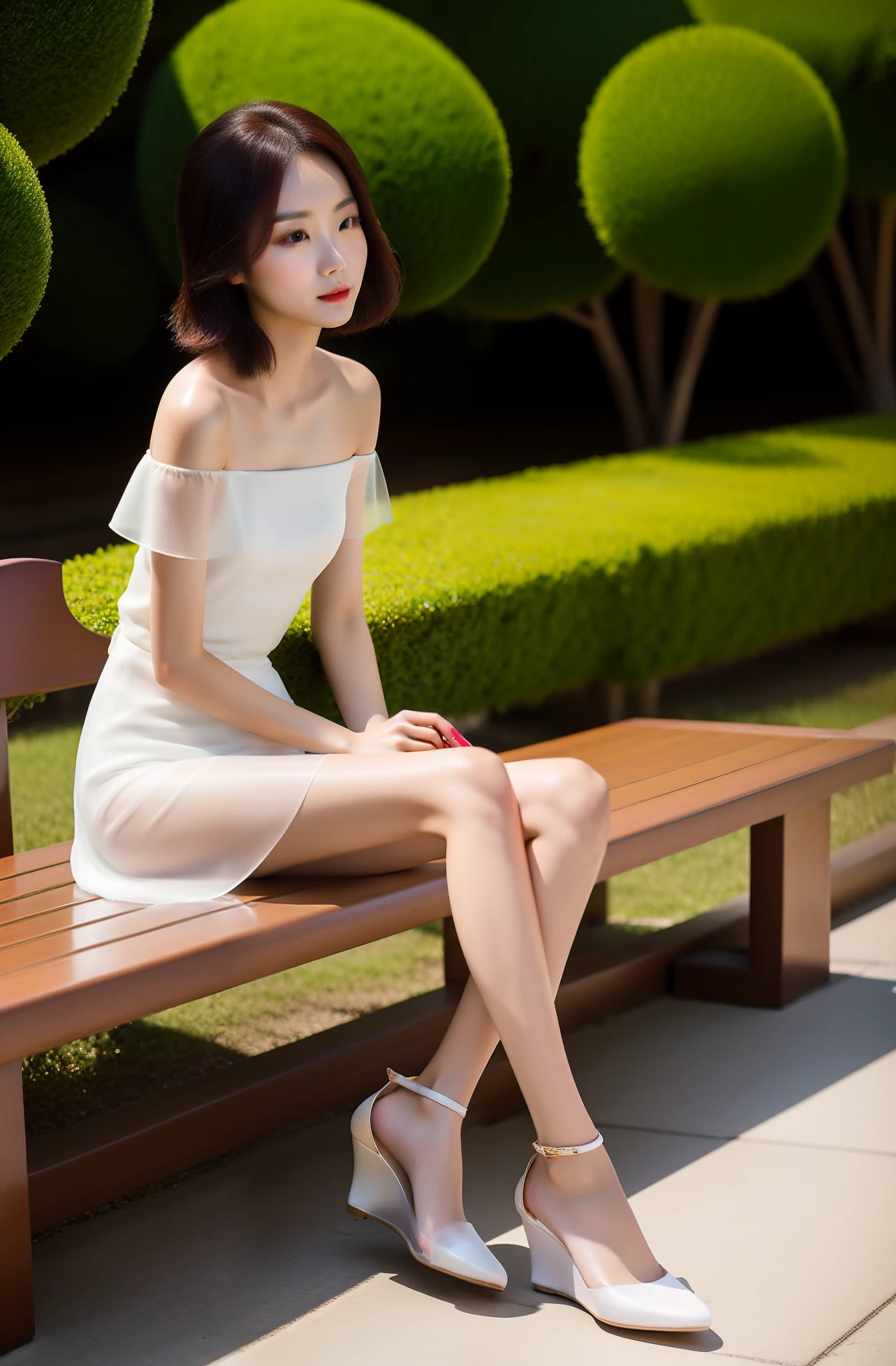 Woman in white dress sitting on a bench in front of bushes, wearing white clothes, wearing white skirt, dressed in a beautiful white, very beautiful slim legs, white skirt and barechest, wearing a wet white short dress, Dressed in white, Beautiful slim legs, gorgeous chinese models, Beautiful legs, cute elegant pose, wearing a cute white dress，Real human skin，12cm heels，realskin