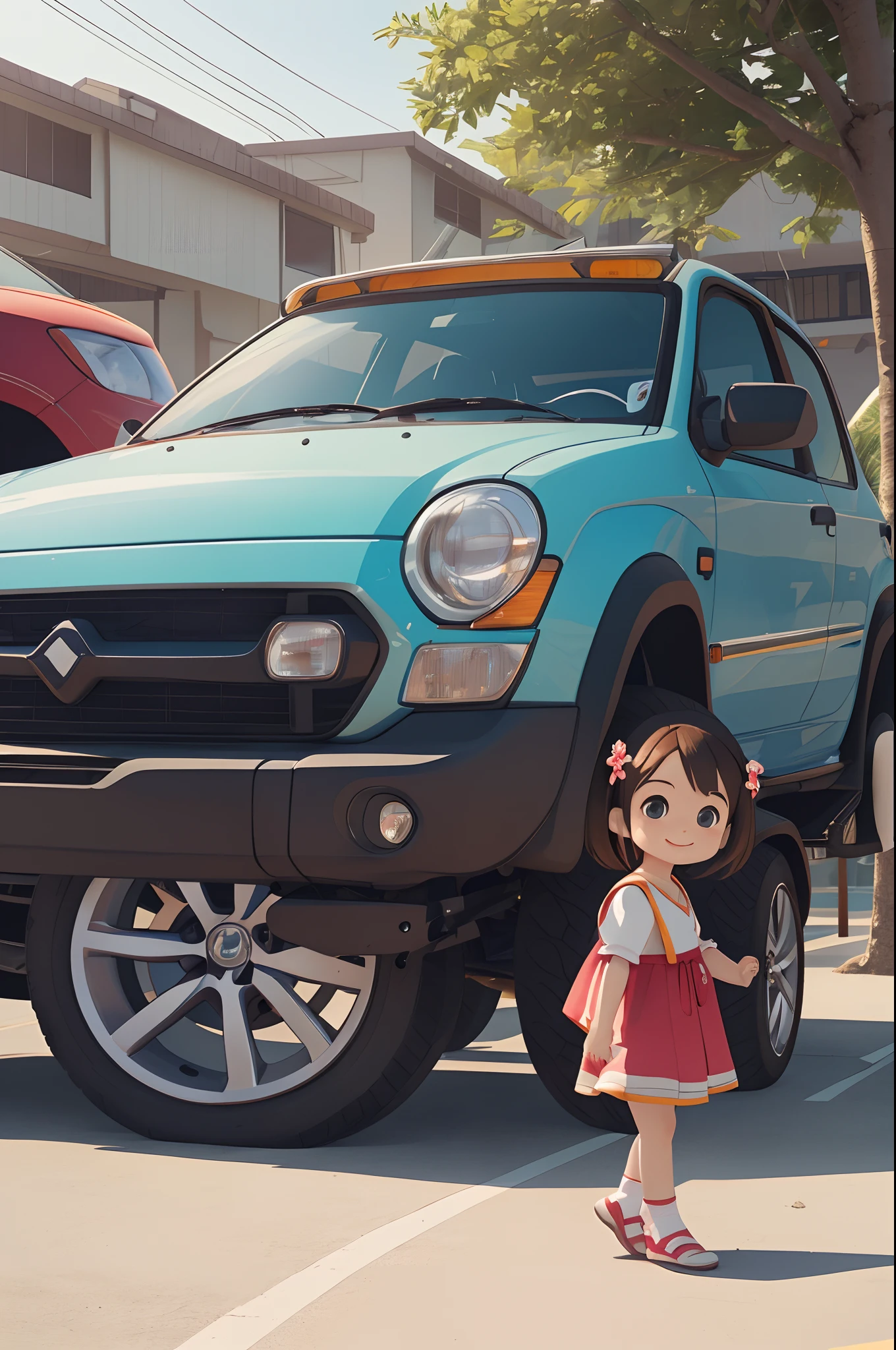 Octane Render、(Hyper-detailing: 1.15)、(Soft light、sharp: 1.2)、morning、Little girl posing in front of colorful EV in parking lot near beach, Traditional costumes、Distinctive ethnic hair ornaments、Characteristic ethnic shoes、 Fuji Film, F/4.0, masutepiece, Anatomically correct、A smile, radiant light