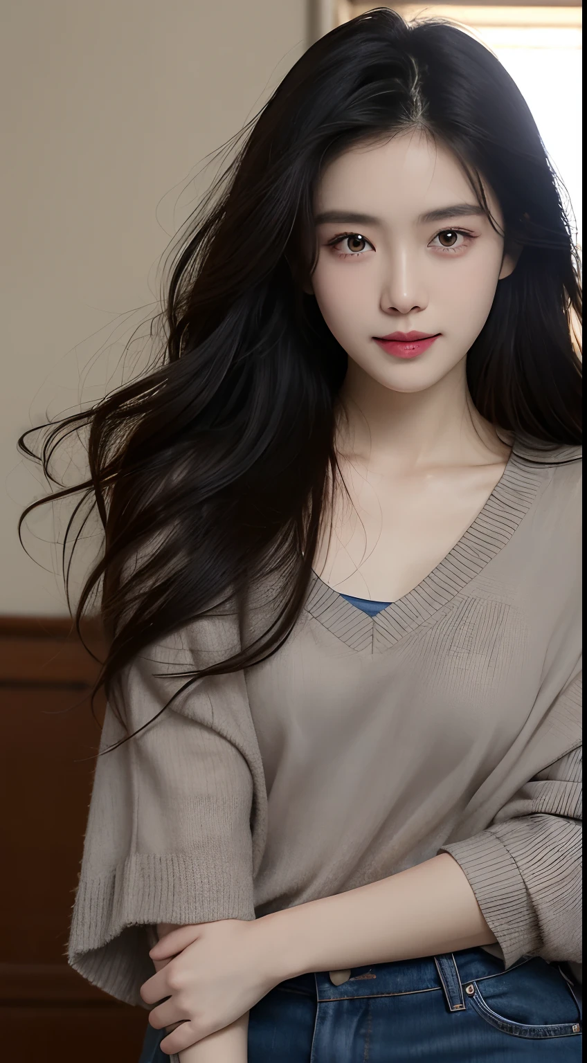 best qualtiy, tmasterpiece, 超高分辨率, (realisticlying:1.5), RAW photogr, 1girll, facing at camera, in the darkness nigth, deep shading, low tune, cold light, Sexy look, Forehead exposed,Long messy hair,ssmile