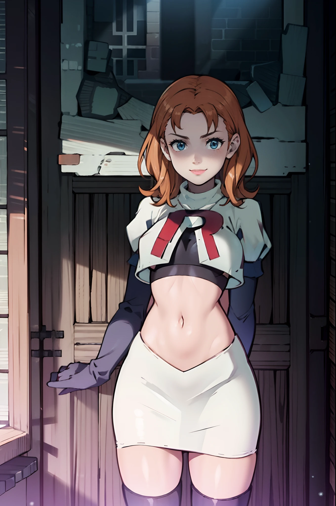 annette_war, gentle smile, team rocket, team rocket uniform, red letter R, white skirt,white crop top,black thigh-highs,black elbow gloves