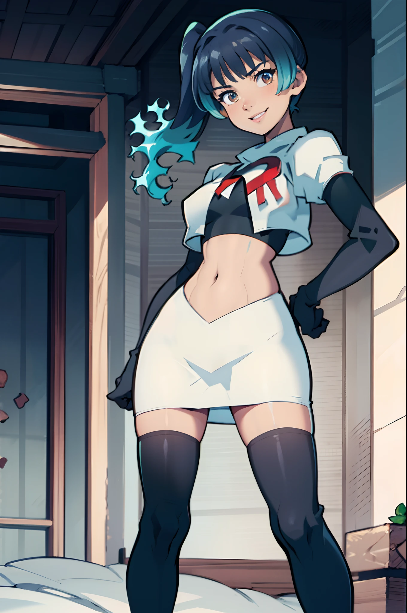 face of sena \(xenoblade\), 1girl,team rocket,team rocket uniform, red letter R, white skirt,white crop top,black thigh-highs,black elbow gloves, gentle smile