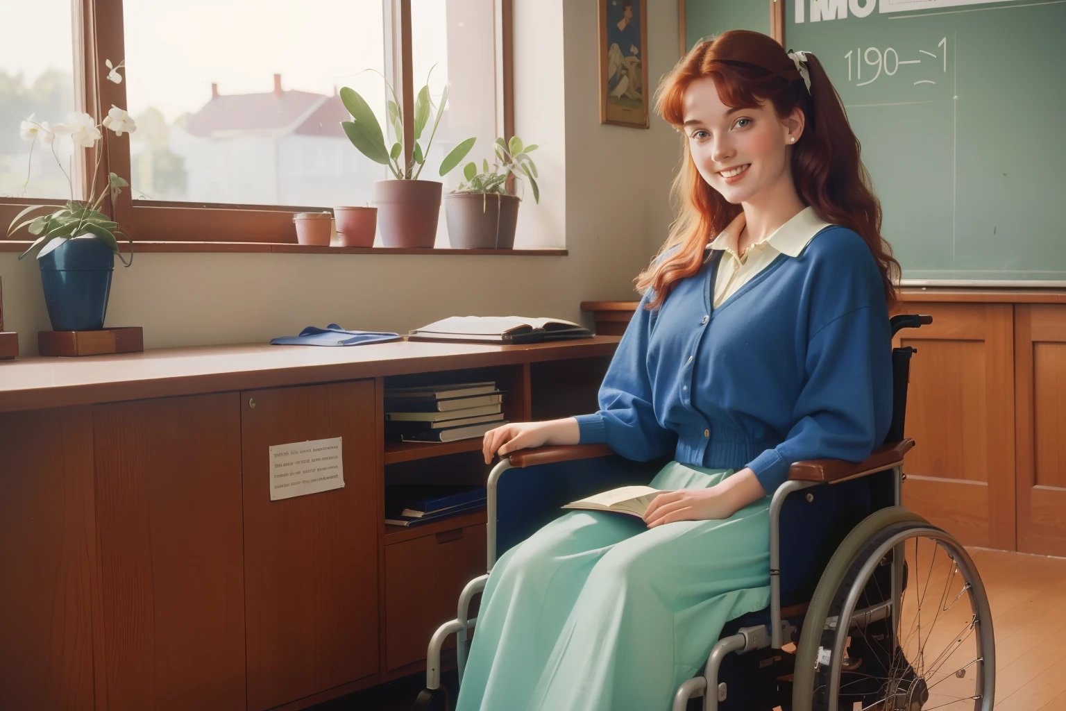 year: 1994. Location: Sweden. Pre-Raphaelite scene with a 30-year-old woman in a wheelchair, literature teacher, school classroom, ((loving smile)), ((((Clothing from the 1990s)))) ((Hairstyle of the 1990s)), ((("OMITB" cinematography)))