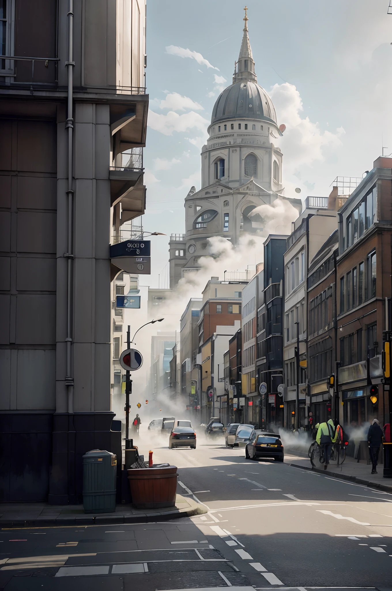 City Scene of London Downtown , people busy by their own, watercolor, grey day, sunny day, digital painting, wall art design, 8k