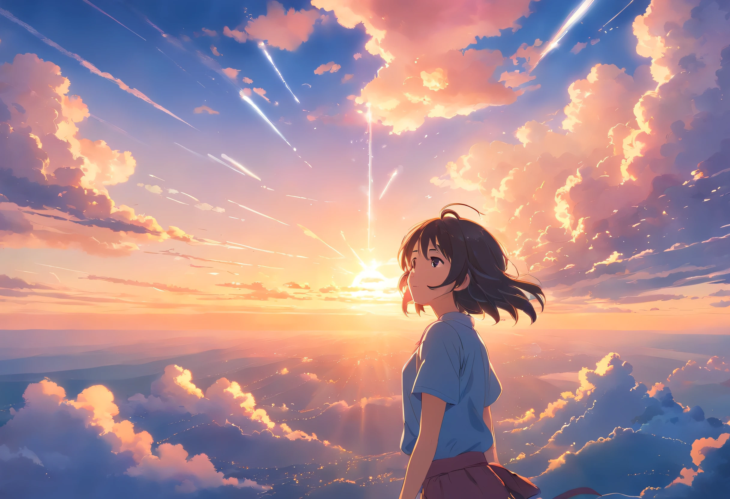 masterpiece, best quality, movie still, 1girl, cloud girl, floating in the sky, close-up, bright, happy, warm soft lighting, sunset, (sparks:0.7)
