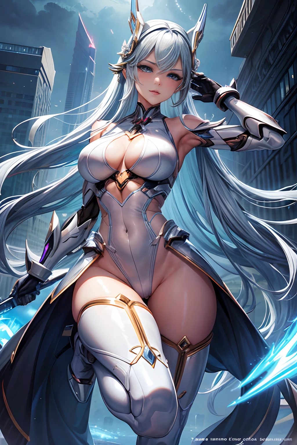 Futuristic Goddess of war, medium breast, see through complicated sexy nanobots mecha lingerie, skimpy attire, cameltoe, full length, heels visible, athletic body, seductive look, seductive pose, lightning across the skies, extreme detailed background, extreme detailed outfit,