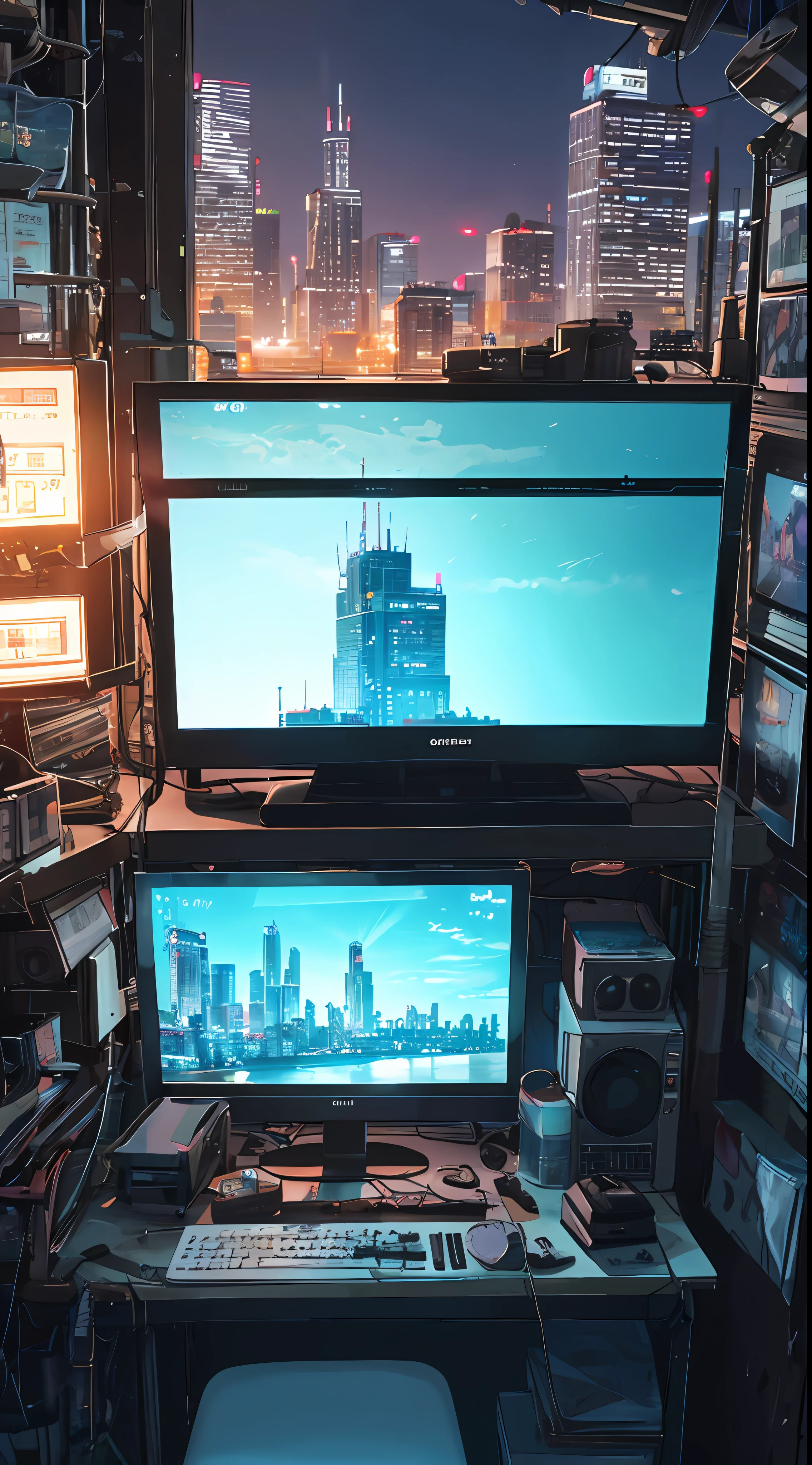 Dystopia of hope, light and shadow, lost in the dark city of Chicago, back of a little girlk center of the screen, complex cityscape, devastated world, pulling composition, industrial, very high definition depiction