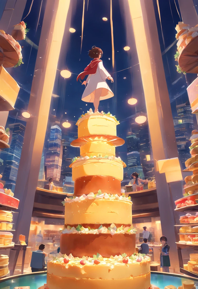 A cheeseycake world, everything made by cheese, In the center of the world giant cheese cake tower, detailed art, 24K FHD resolution, epic art, red Top lights, masterpiece collection, octane rendered, best quality