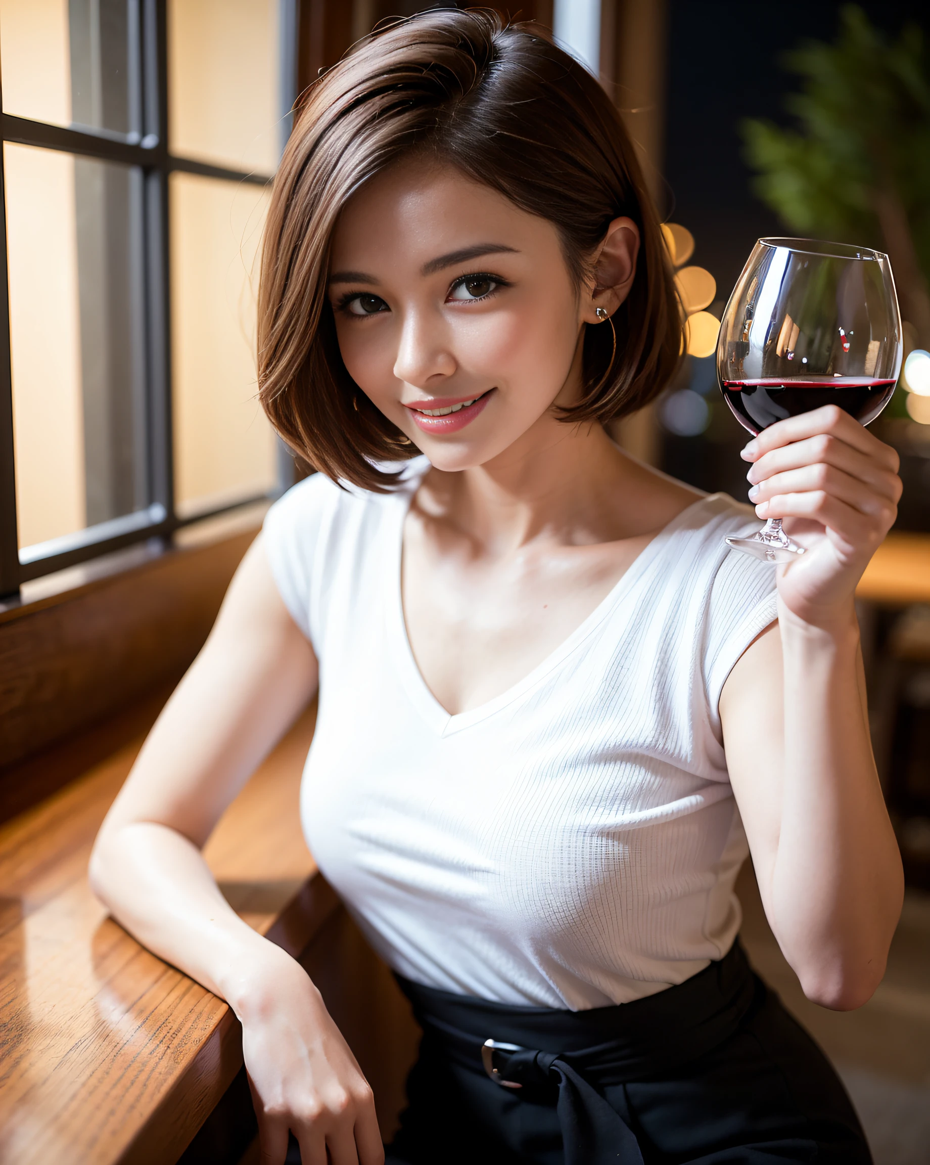 (64K, UHD, top quality, masterpiece: 1.2), (realistic, photorealistic: 1.37), super detailed, pretty woman 1 person, (slim face), (slim body), (brown hair), (short cut), cheeks slightly blushing, (44 years old), 38 years old, solo, beautiful detailed urban night view outside the window, restaurant, wine glasses sit, at night, in a prominent placeNovaFrogStyle, Actress, Model, Waist Up, White Wine, Slim, Wine Glass, Super Clean Night View, Wine Glass Put in the Middle, Happy Smile, (Smile: 1.15), Beautiful Fine Eyes, Upper Body, Bust Japan Up, Night, Short, Short, Actress, Model, Waist Up, White Wine, Slim, Wine Glass, Super Clean Night View, Wine Glass Put in the Middle, Happy Smile,