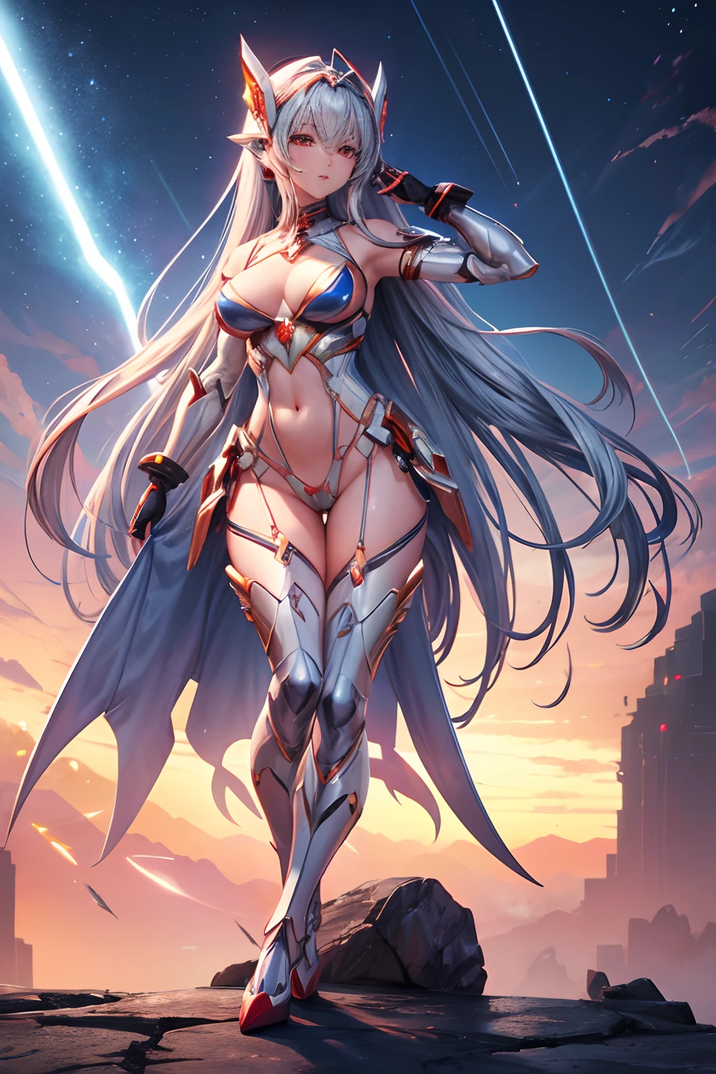 Futuristic Goddess of war, medium breast, see through complicated sexy nanobots mecha red lingerie, skimpy attire, cameltoe, full length, heels visible, athletic body, seductive look, seductive pose, lightning across the skies, extreme detailed background, extreme detailed outfit,