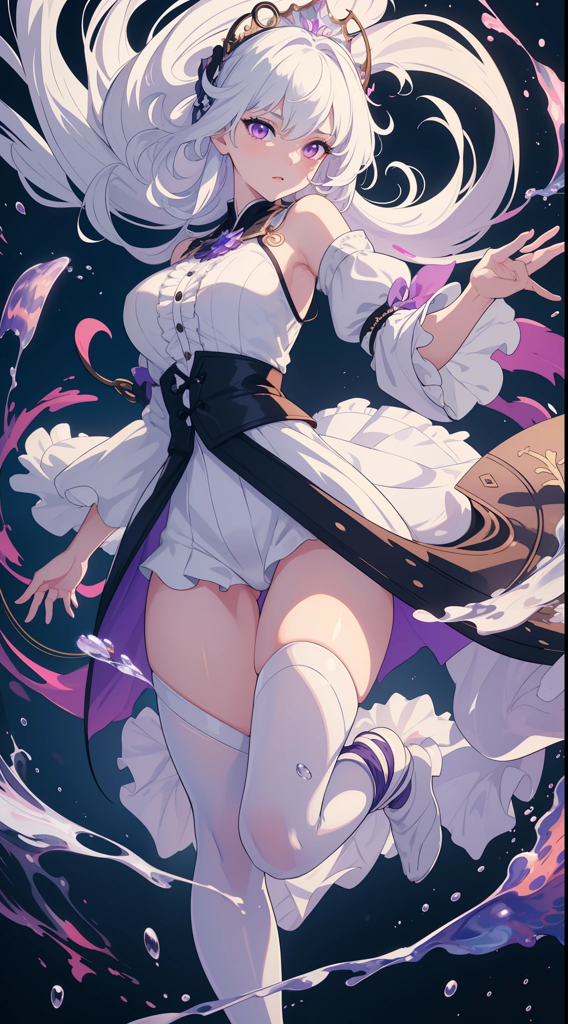 (masterpiece:1.2, best quality), (finely detailed beautiful eyes: 1.2), (extremely detailed CG unity 8k wallpaper, masterpiece, best quality, ultra-detailed, best shadow), (detailed background), (beautiful detailed face, beautiful detailed eyes), High contrast, (best illumination, an extremely delicate and beautiful),1girl,((colourful paint splashes on transparent background, dulux,)), dynamic angle,beautiful detailed glow,full body, cowboy shot, white hair, purple eyes,