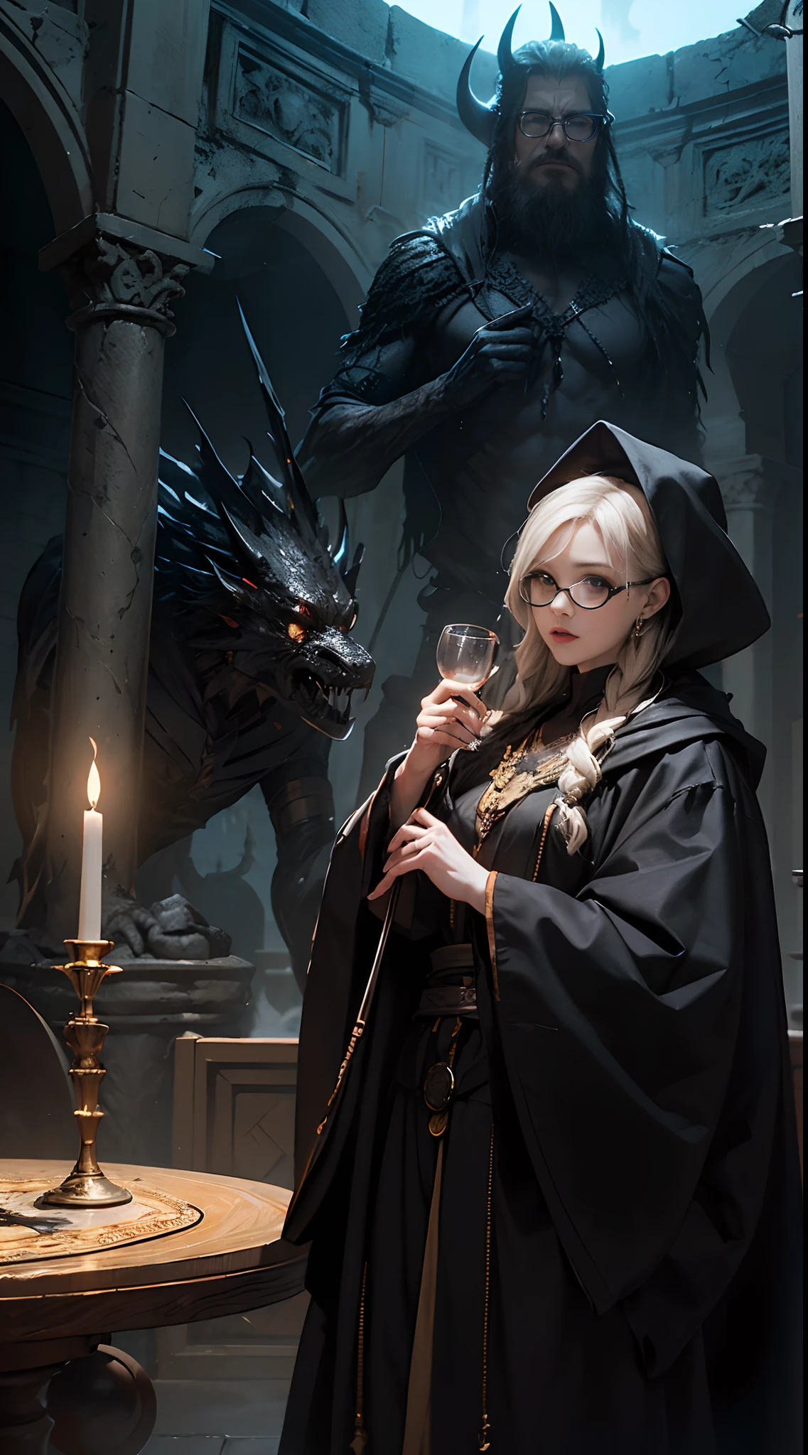 femele, Thorough, Horror , Lord of Darkness , ikun ,Dungeon and Dragons, Dungeon,high details, 、((((black-rimmed round glasses))))、Old robes, Dark Necromancer, detailliert, High Details, Old robes, Powerful person々, Dungeon, darkness, Bloods