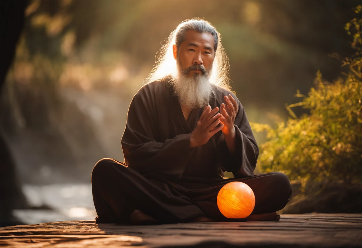 Close up portrait of 30 year old middle aged asian man,Holding a glowing ball in your hand,long to, whitish hair,Longasa Beard,Cross-legged sitting meditation、Ignite the magical aura around you,Master of Taoism,Taoist