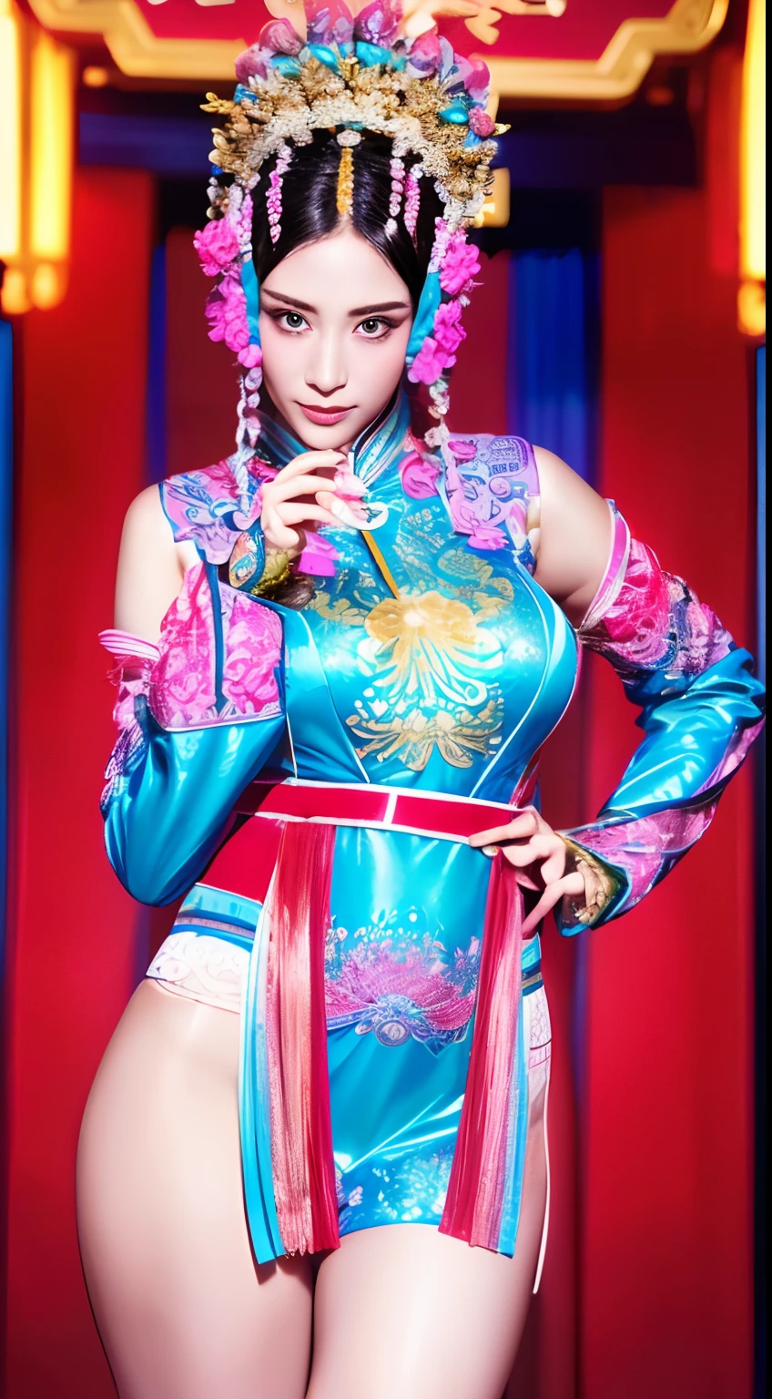 1girl, (Photoreal Stick:1.2), (Beautuful Women,Wearing Peking Opera costumes)，Cowboy Shot、beautiful countenance、A detailed face、perfectly proportions、爆乳、big breasts thin waist、nabel、big butts、Crotch gap、Large Thigh、(Zentangle,3d rendered), (highly colorful, Best Quality, Detailed details, masutepiece, offcial art, Movie Light Effects, 4K),