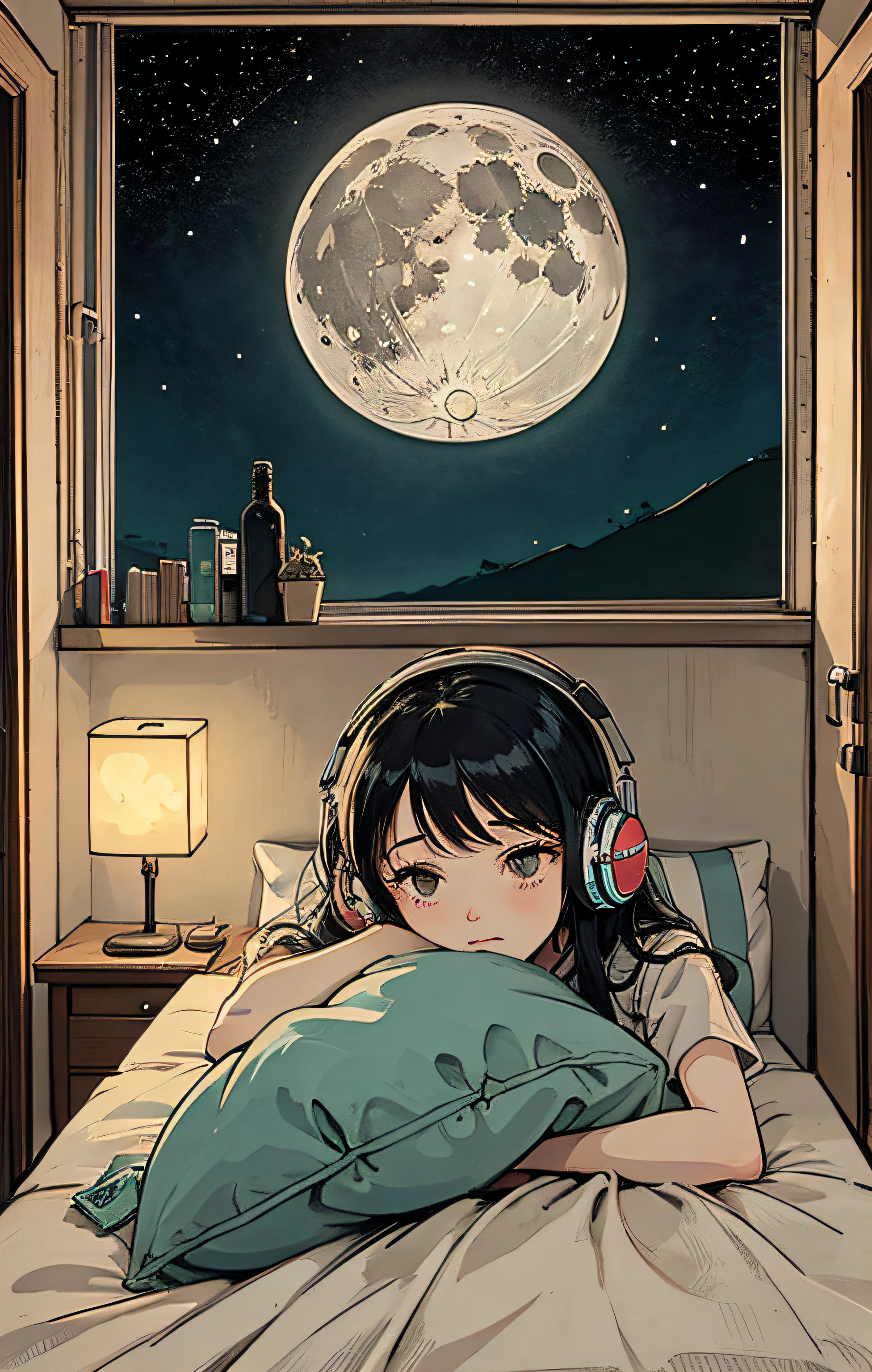 1 girl, 90s cartoon style, night, studio room, moon, girl with headphones, late night room, listening to music alone, city pop, low quality, lo-fi, chill, late night, room living alone, dark room, outside the window is a night view of the near future, menhera