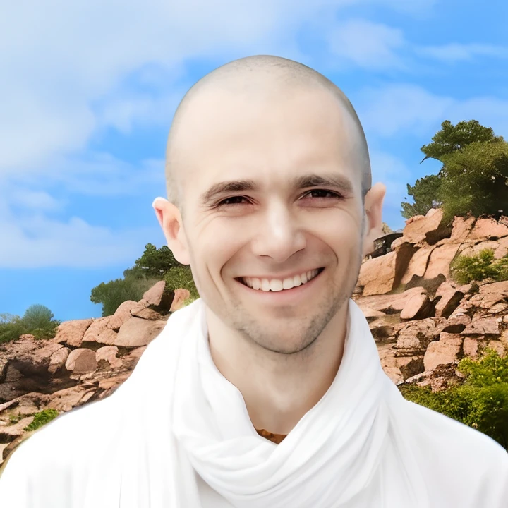 smiling man in white robe standing in front of a rocky area, avatar image, samadhi, johnatan wayshak, buddhist, profile picture, ashoka tano, carl gustav, inspired by Aladár Körösfői-Kriesch, profile pic, nikolay, martin sharp, inspired by Kailash Chandra Meher, samsara