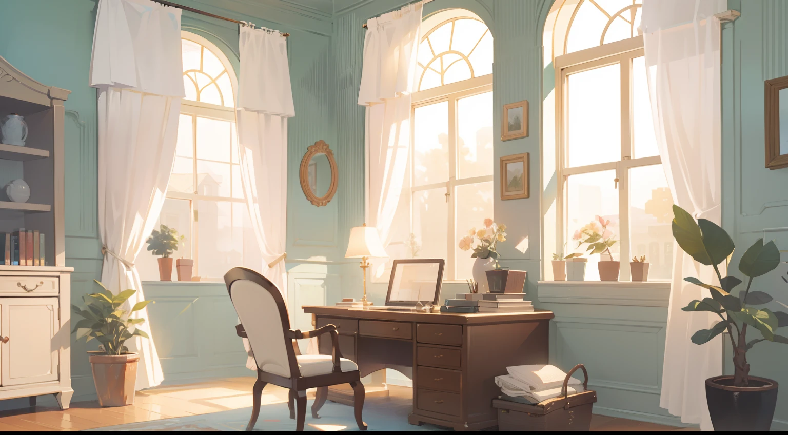 (masterpiece), best quality, ultra high res, sharp focus, detailed structure, detailed architecture, white walls, (warm pastel color), comfortable study room, plants, flower, open window, curtains