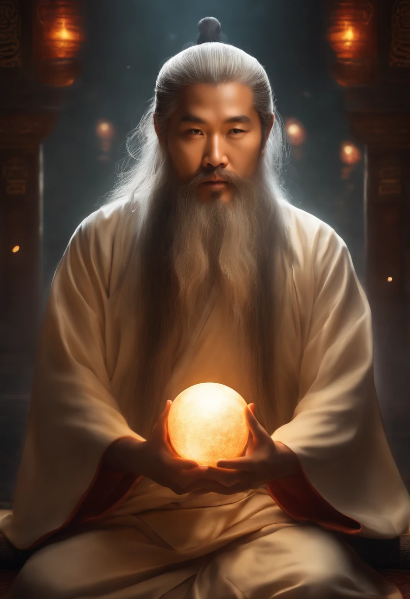 Close up portrait of 30 year old middle aged asian man,Holding a glowing ball in your hand,long to, whitish hair,Longasa Beard,Cross-legged sitting meditation、Ignite the magical aura around you,Master of Taoism,Taoist